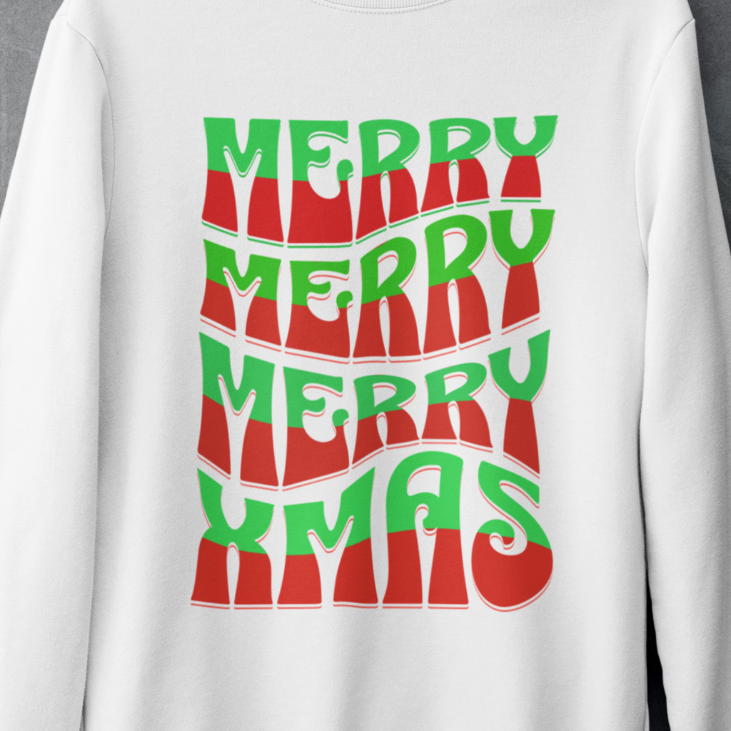 Christmas Crewneck Sweatshirt – Retro 'Merry Xmas' Red & Green Holiday Design
