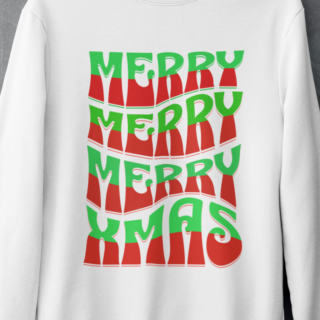 Christmas Crewneck Sweatshirt – Retro 'Merry Xmas' Red & Green Holiday Design