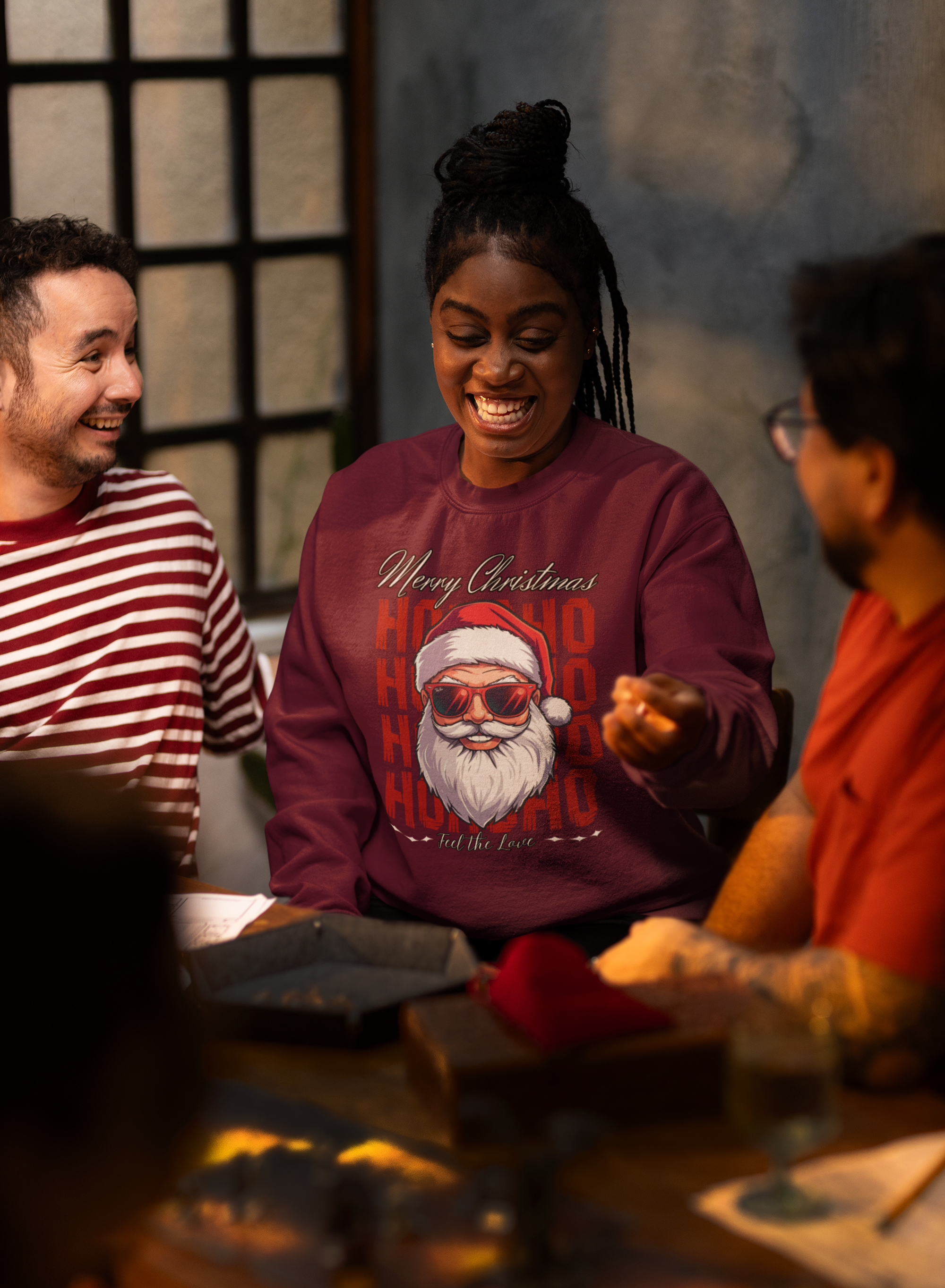 Christmas Santa Crewneck Sweatshirt — "Ho Ho Ho" Sunglasses Santa Holiday Jumper