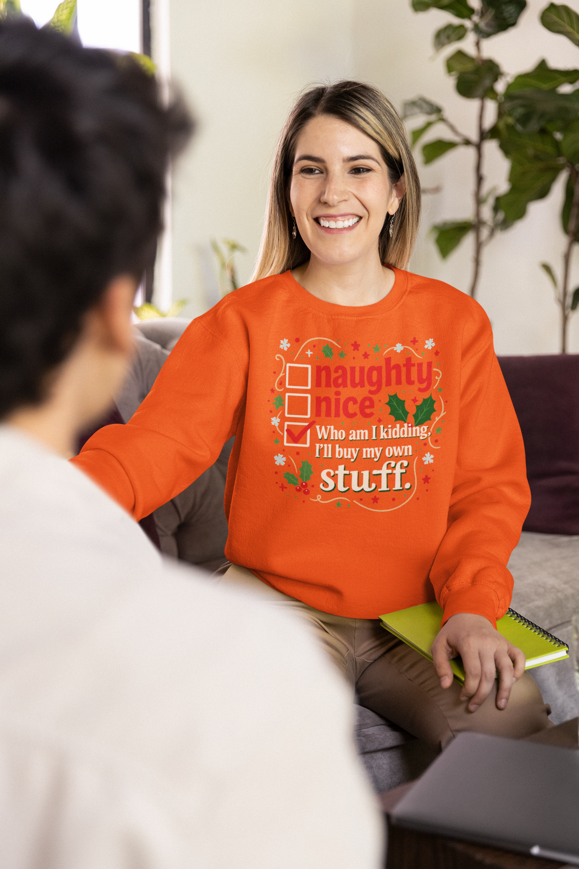 Funny Christmas Sweatshirt — “Naughty / Nice / Who am I kidding I’ll buy my own stuff” Holiday Crewneck
