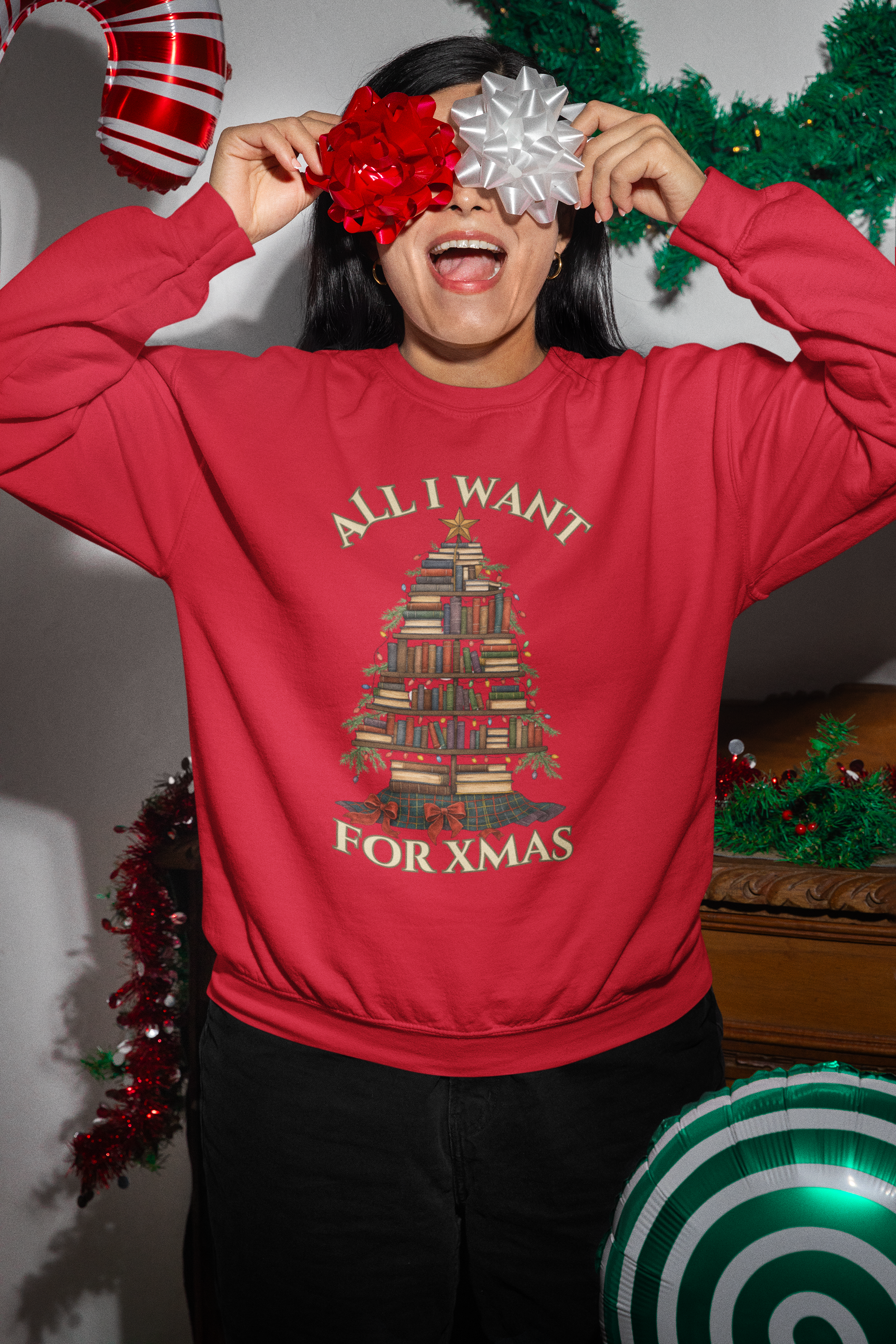 Christmas Book Lover Crewneck Sweatshirt - 'All I Want for XMAS'