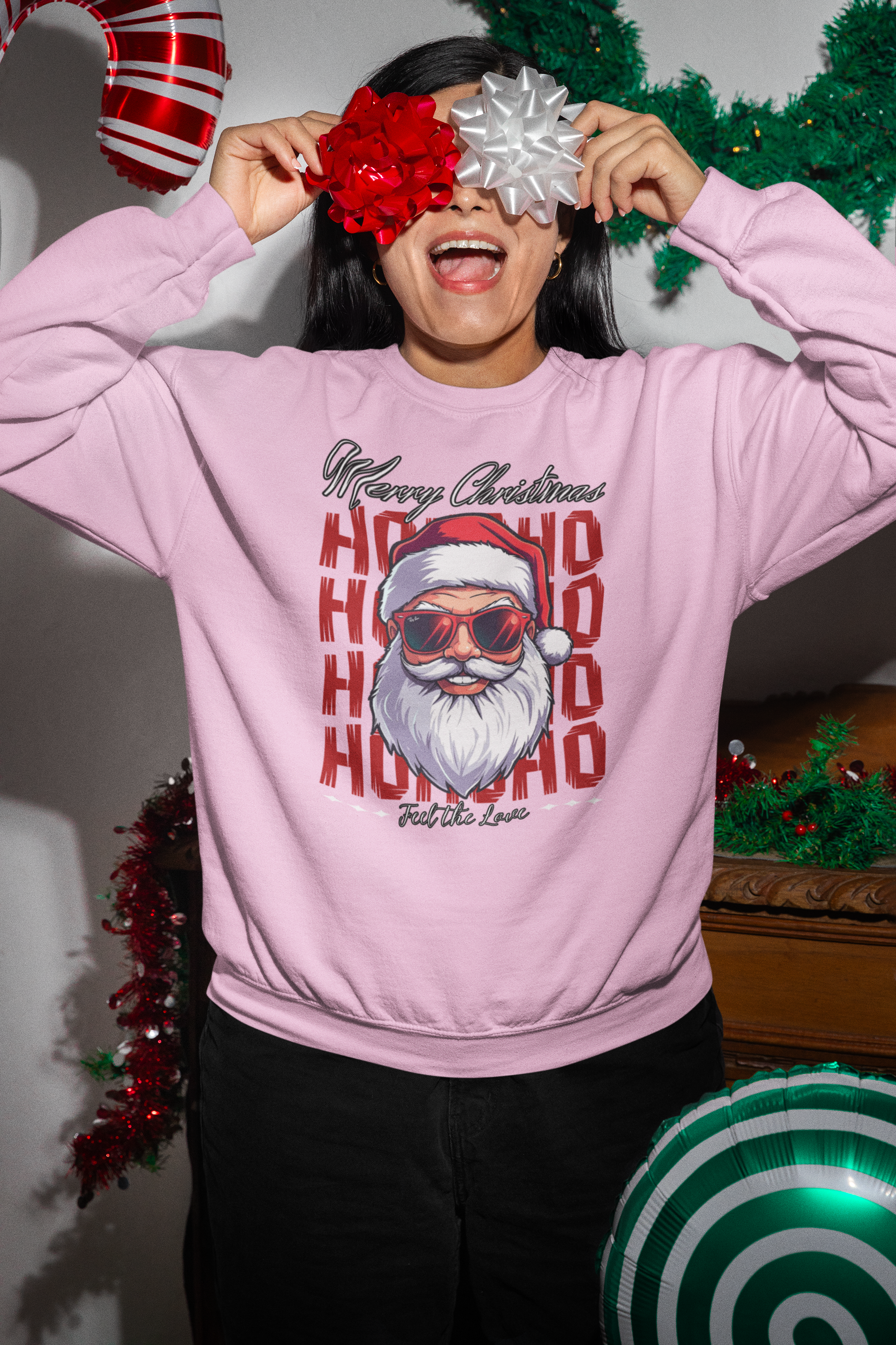 Christmas Santa Crewneck Sweatshirt — "Ho Ho Ho" Sunglasses Santa Holiday Jumper