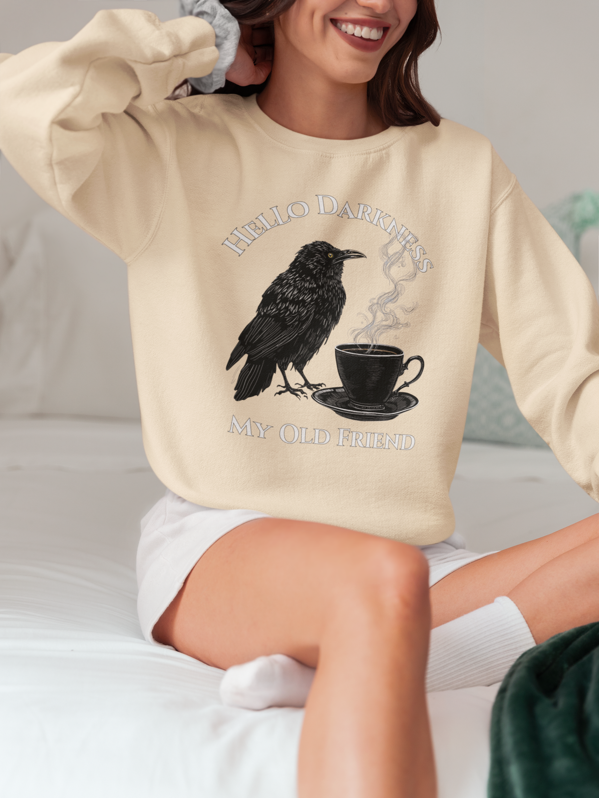 Raven Coffee Crewneck Sweatshirt — "Hello Darkness My Old Friend" Vintage Gothic Tee