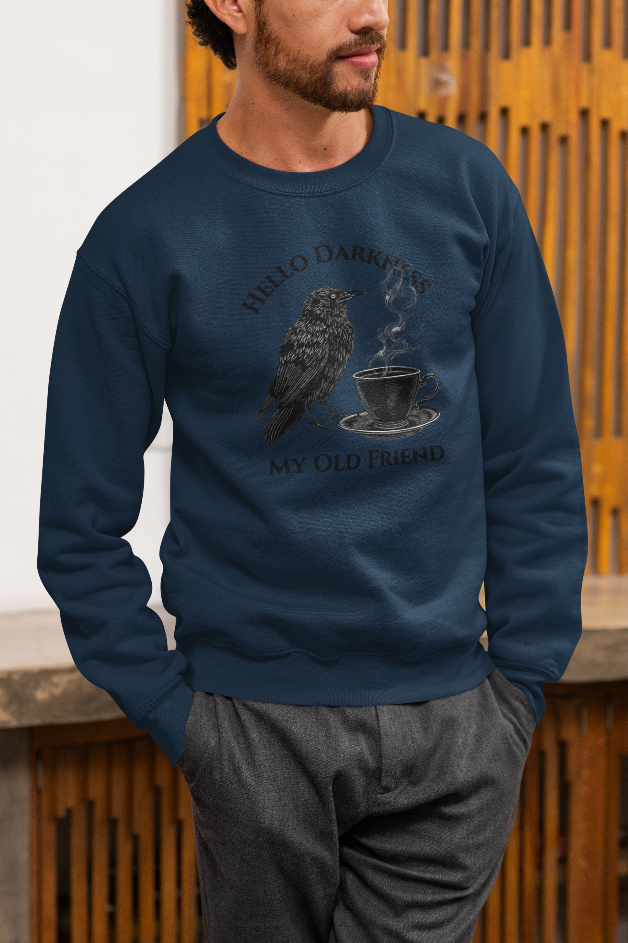 Sweatshirt — "Hello Darkness My Old Friend" Raven Coffee Crewneck
