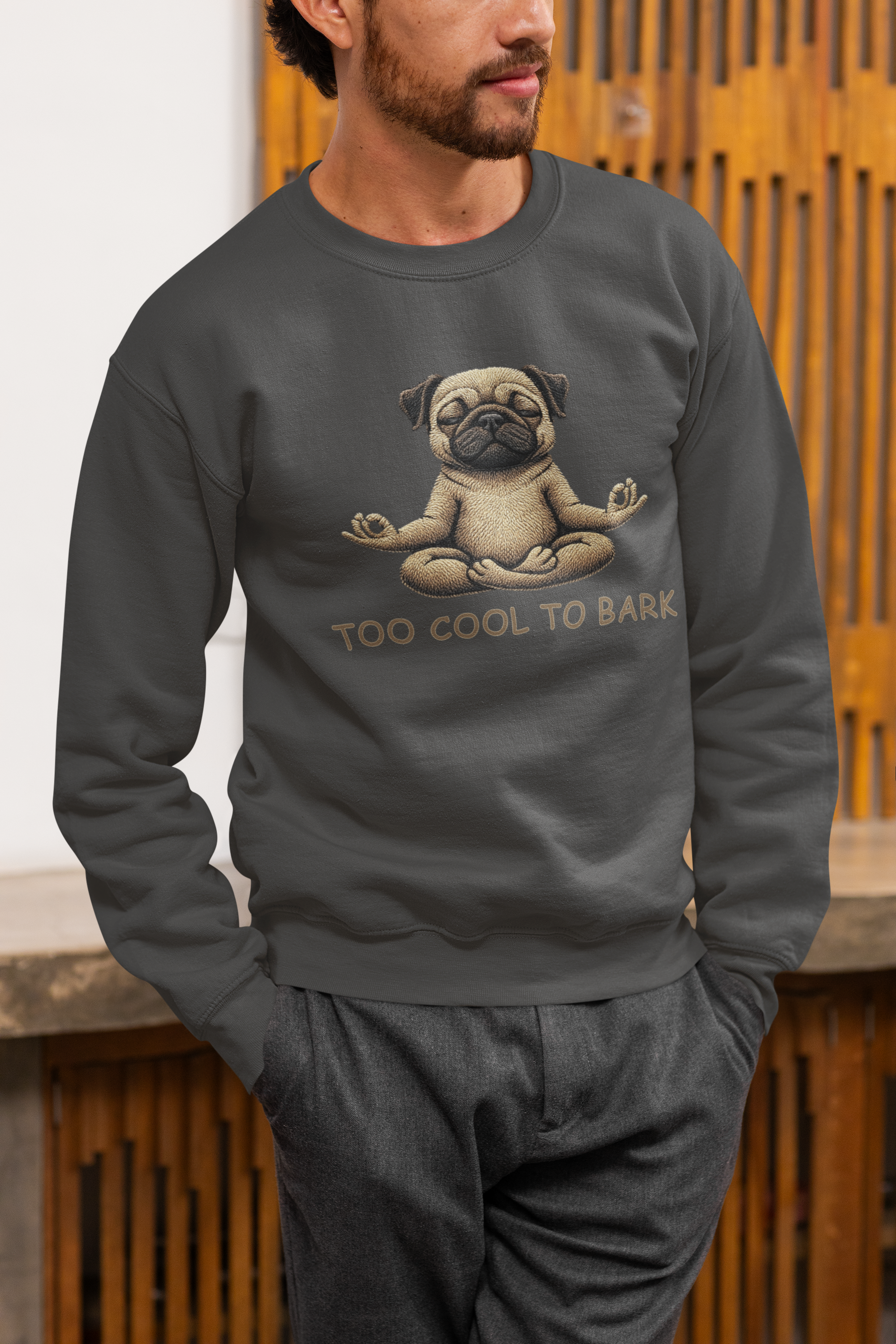 Pug Yoga Sweatshirt – "Too Cool to Bark" Cozy Crewneck