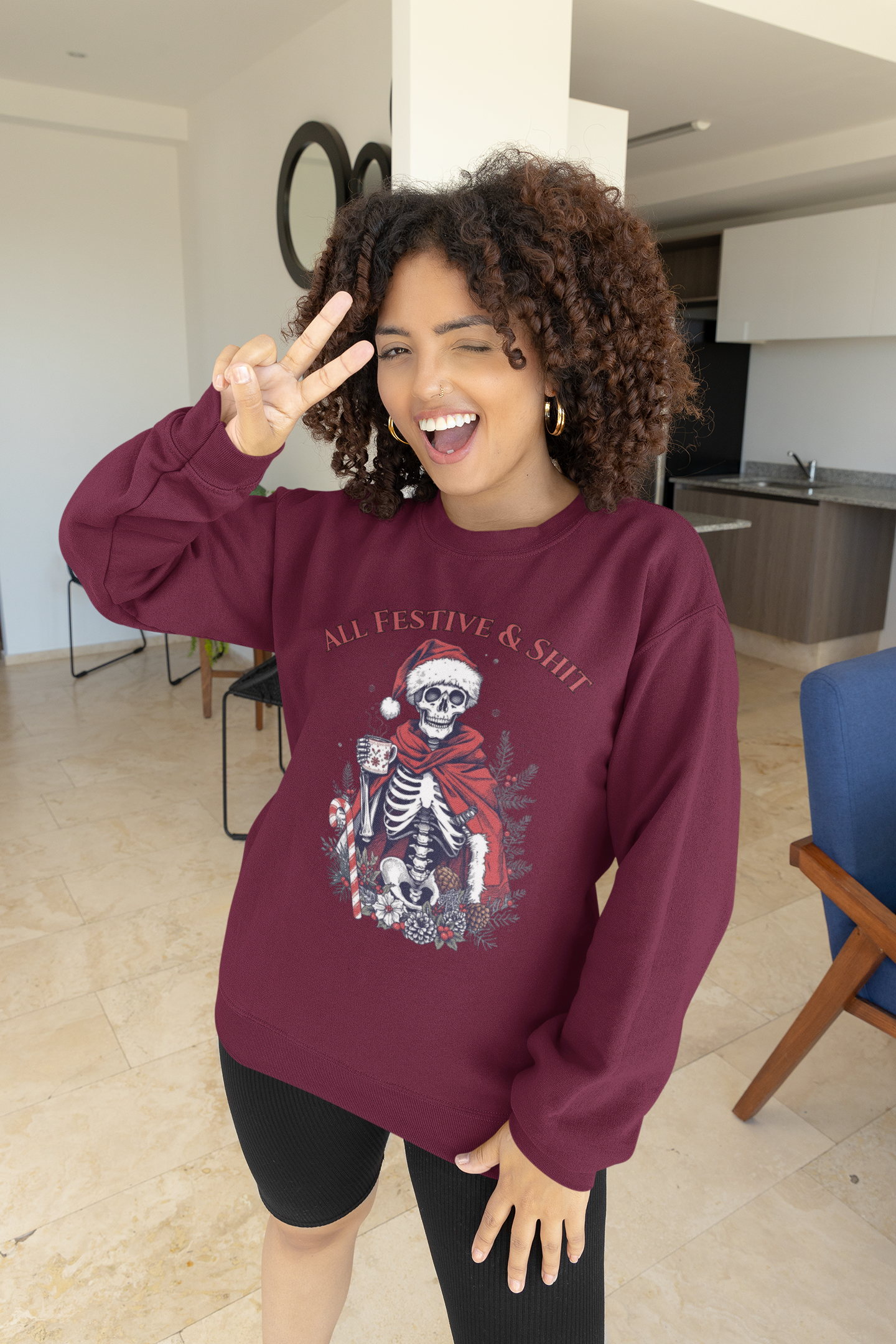 Sweatshirt — "All Festive & Shit" Skeleton Santa Holiday Crewneck