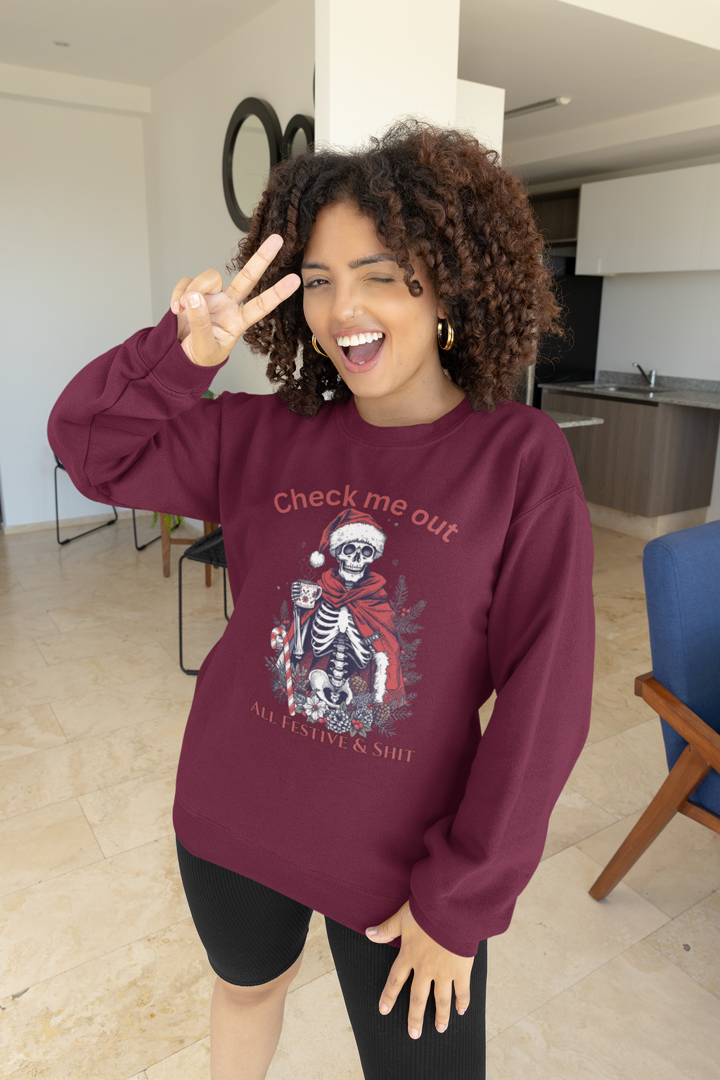 Festive Skeleton Crewneck Sweatshirt — "Check Me Out, All Festive & Shit" Holiday Pullover