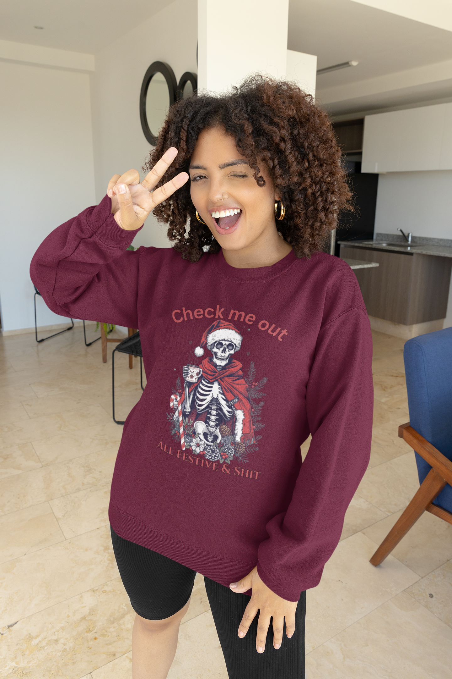 Festive Skeleton Crewneck Sweatshirt — "Check Me Out, All Festive & Shit" Holiday Pullover