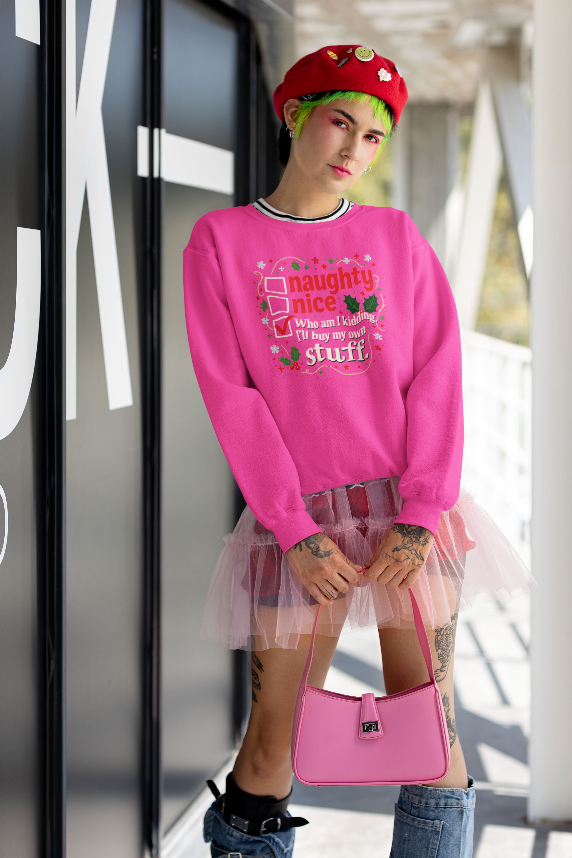 Funny Christmas Sweatshirt — “Naughty / Nice / Who am I kidding I’ll buy my own stuff” Holiday Crewneck