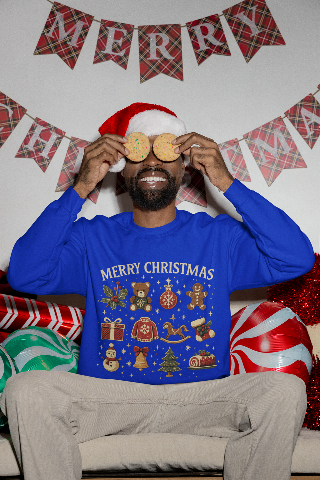 Christmas Icons Crewneck Sweatshirt — "Merry Christmas" Holiday Graphic