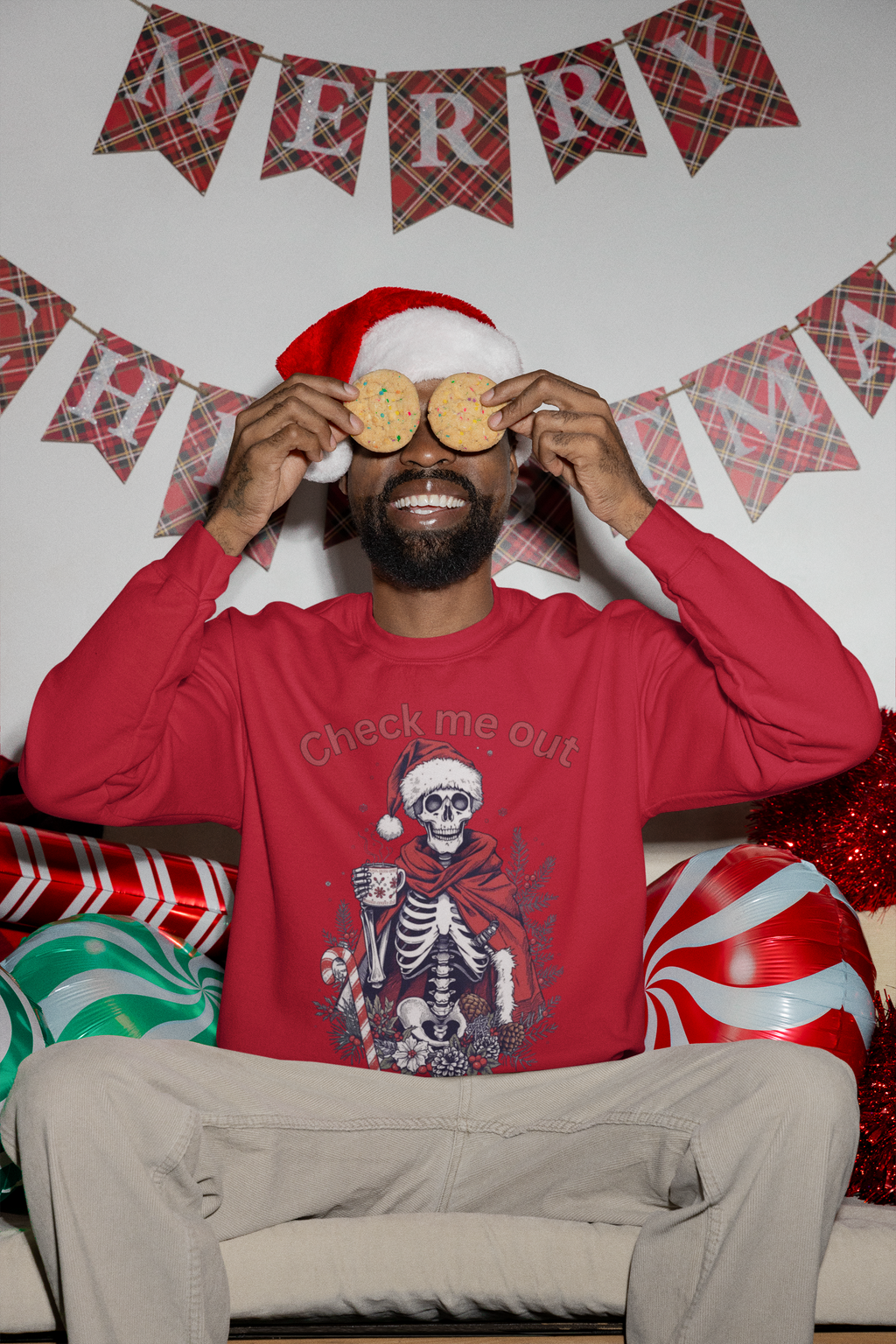Festive Skeleton Crewneck Sweatshirt — "Check Me Out, All Festive & Shit" Holiday Pullover