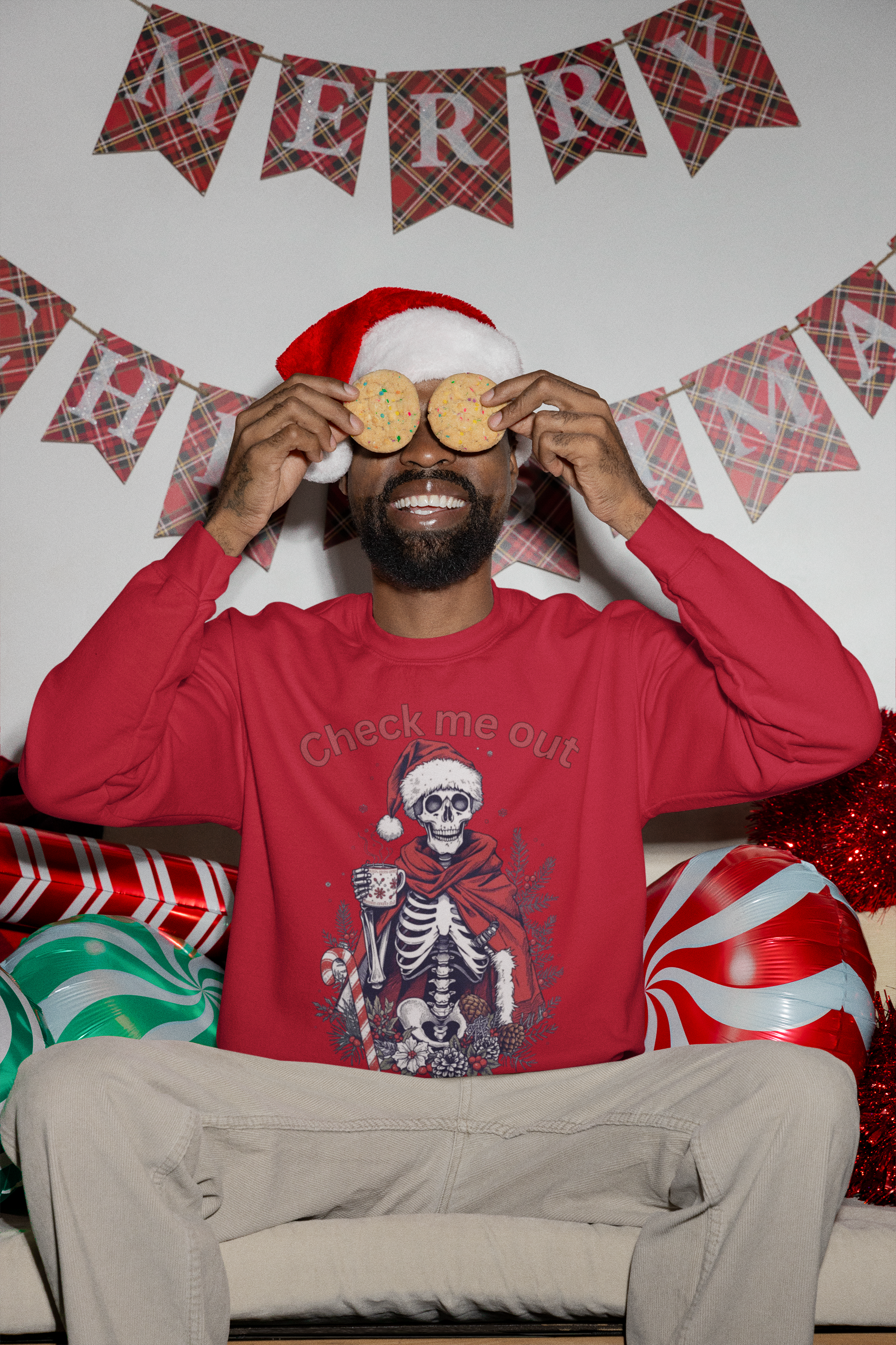 Festive Skeleton Crewneck Sweatshirt — "Check Me Out, All Festive & Shit" Holiday Pullover