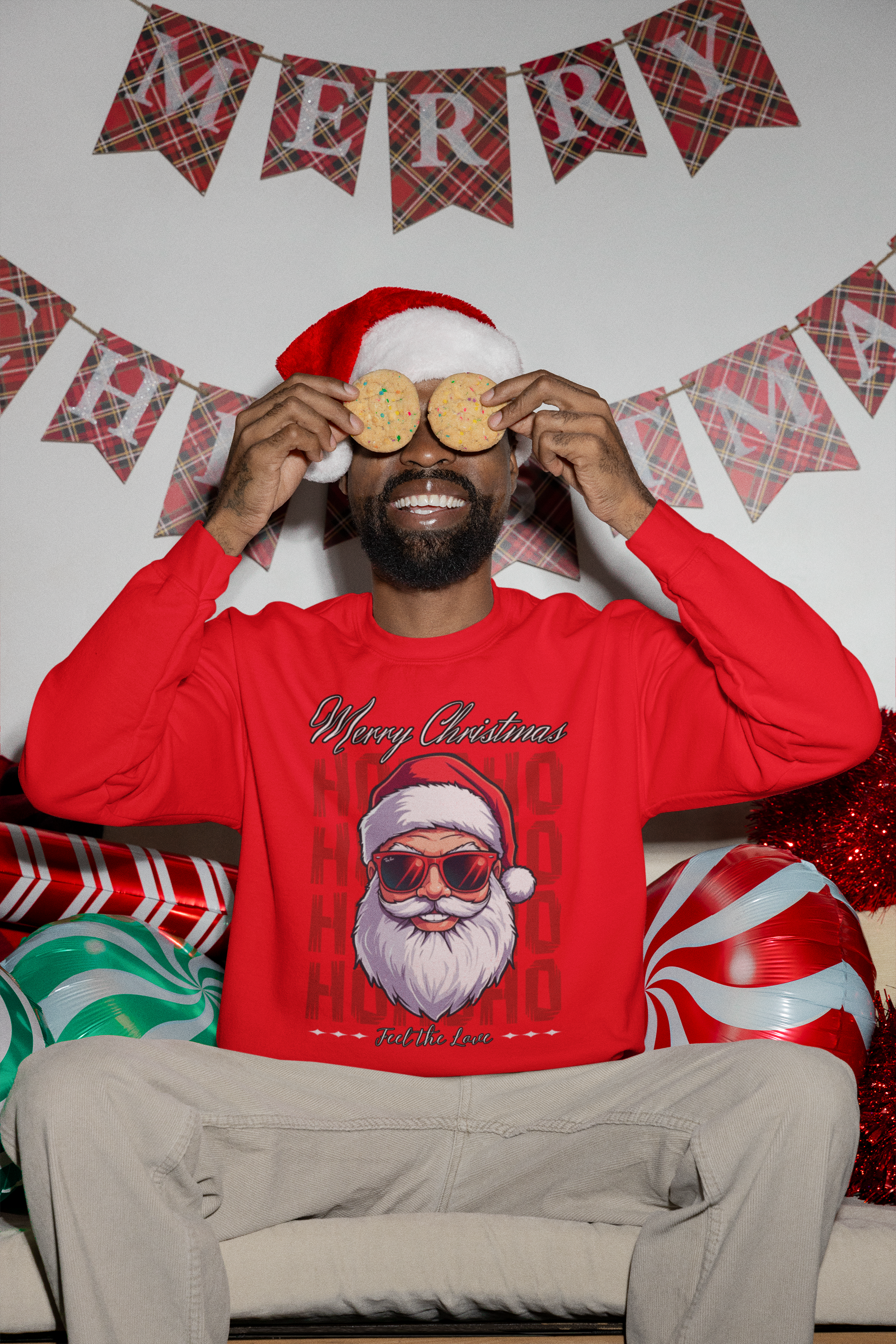 Christmas Santa Crewneck Sweatshirt — "Ho Ho Ho" Sunglasses Santa Holiday Jumper