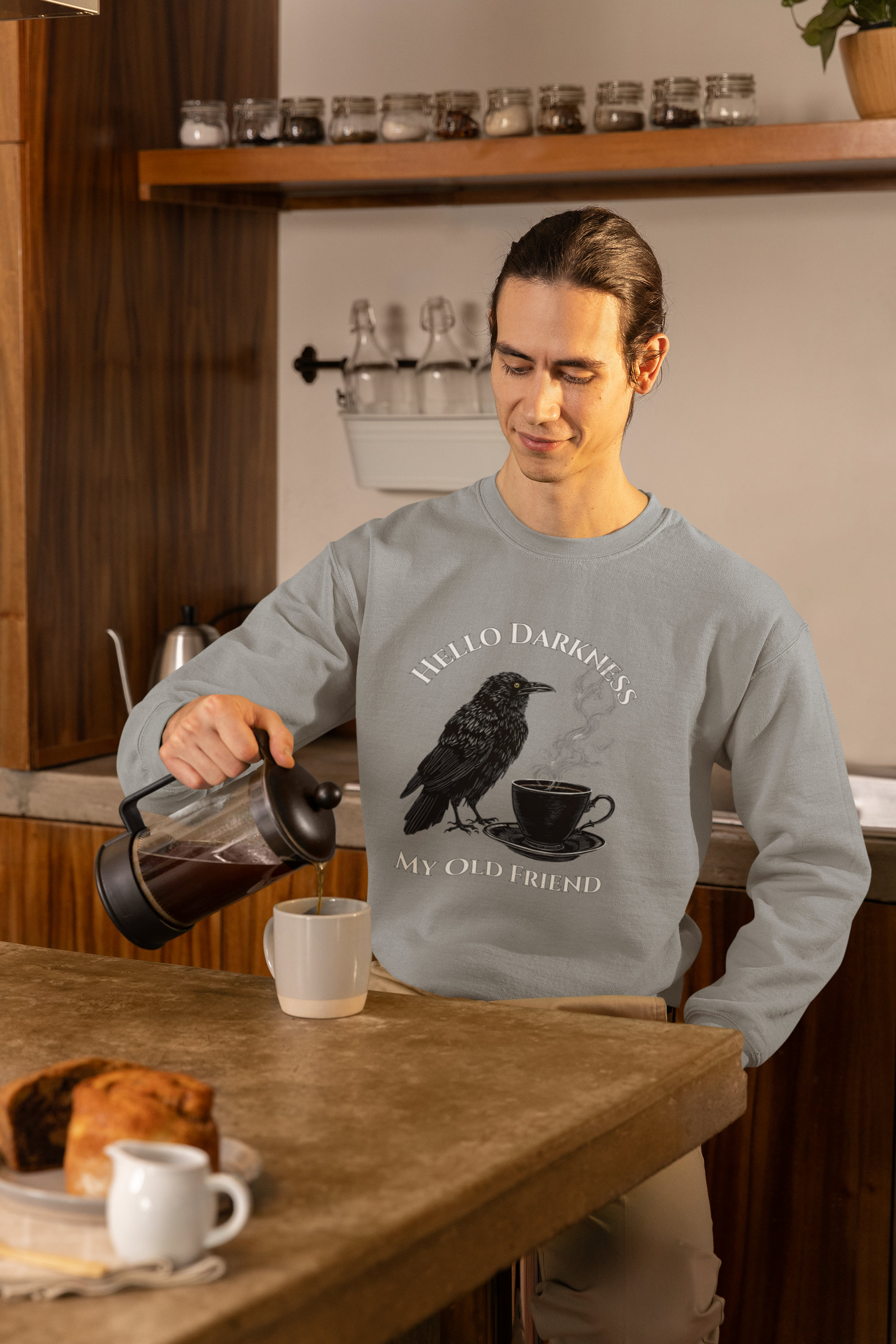 Raven Coffee Crewneck Sweatshirt — "Hello Darkness My Old Friend" Vintage Gothic Tee