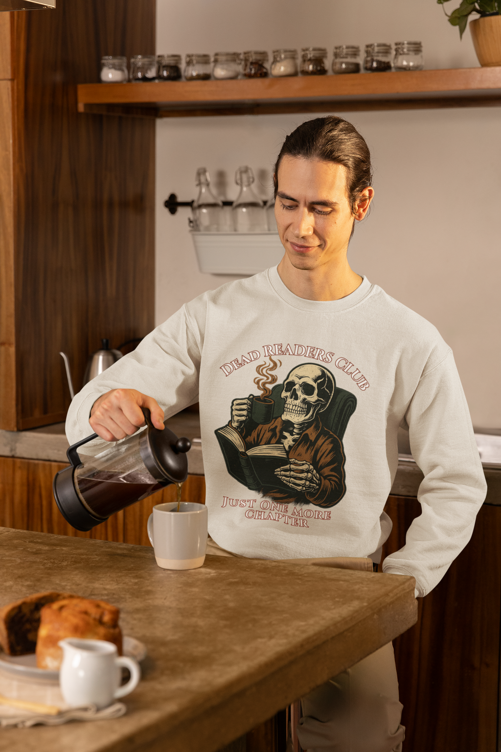 Crewneck Sweatshirt — "Dead Readers Club: Just One More Chapter" Skull Book Lover Graphic