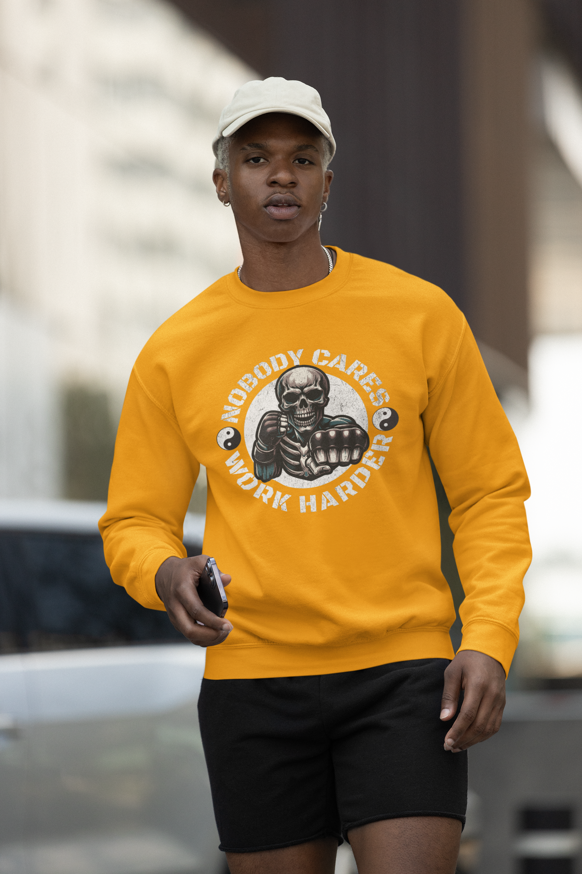 Nobody Cares Work Harder Sweatshirt — Skull Fist Motivational Crewneck