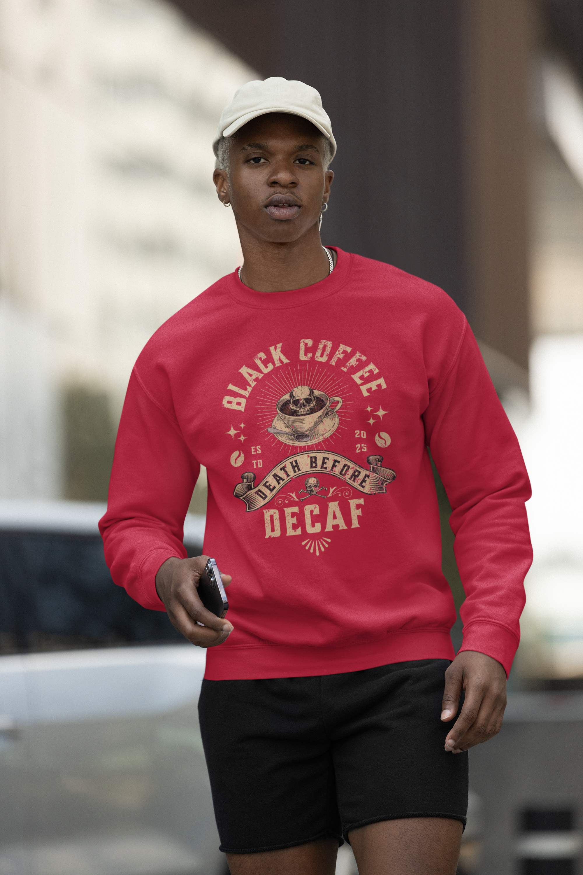 Decaf Black Coffee Crewneck Sweatshirt — Vintage Coffee Lover Pullover