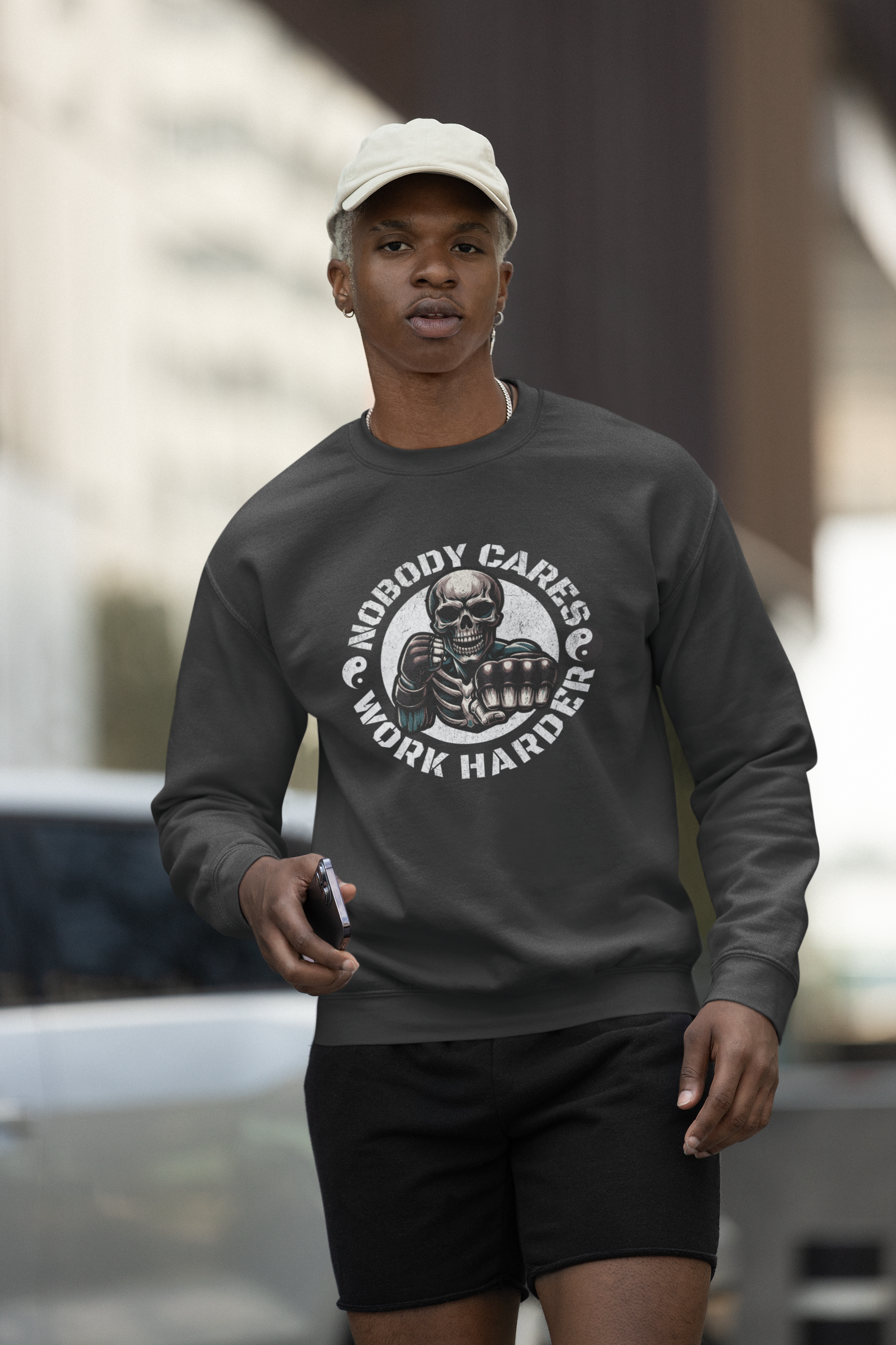 Nobody Cares Work Harder Sweatshirt — Skull Fist Motivational Crewneck