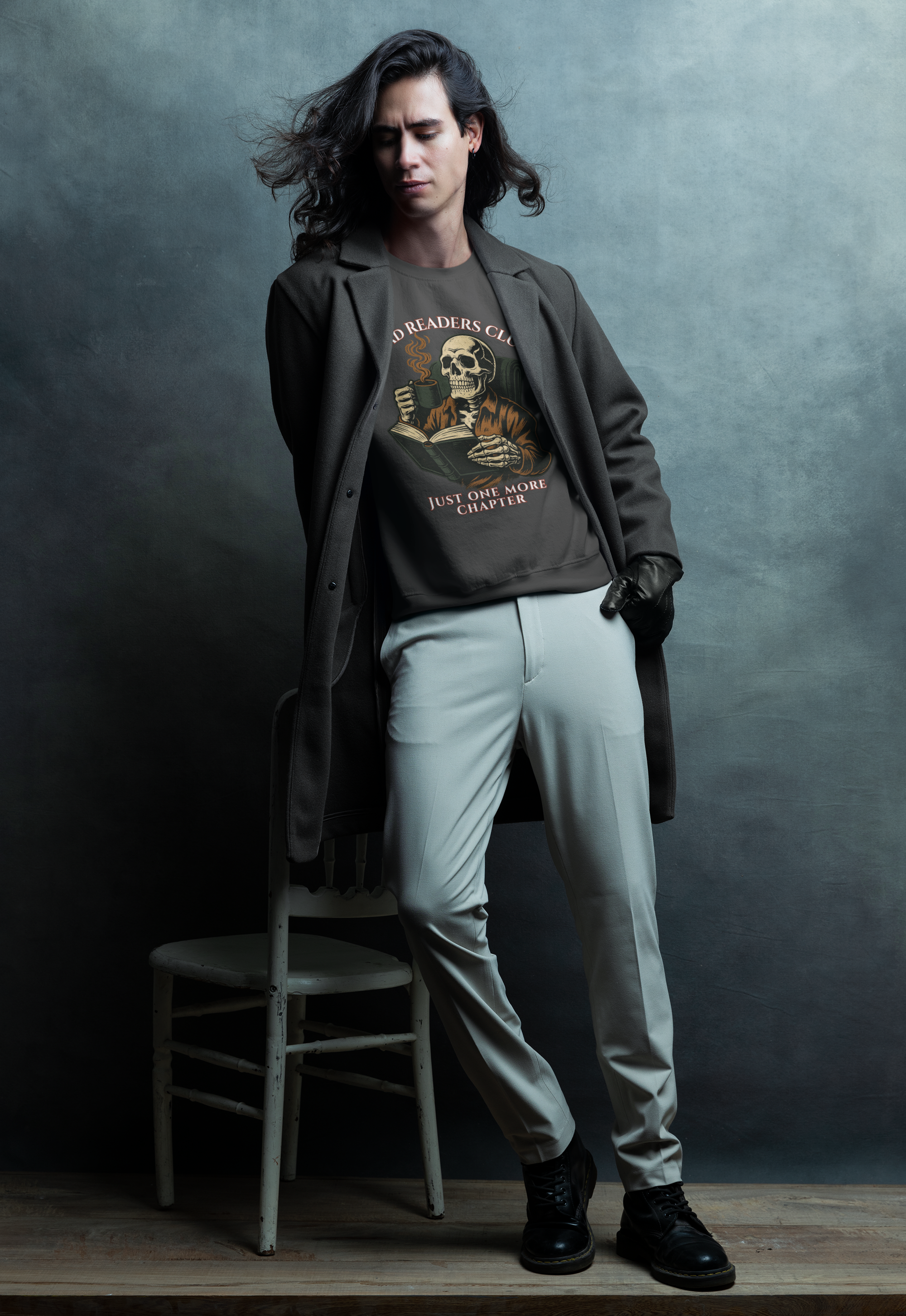 Crewneck Sweatshirt — "Dead Readers Club: Just One More Chapter" Skull Book Lover Graphic