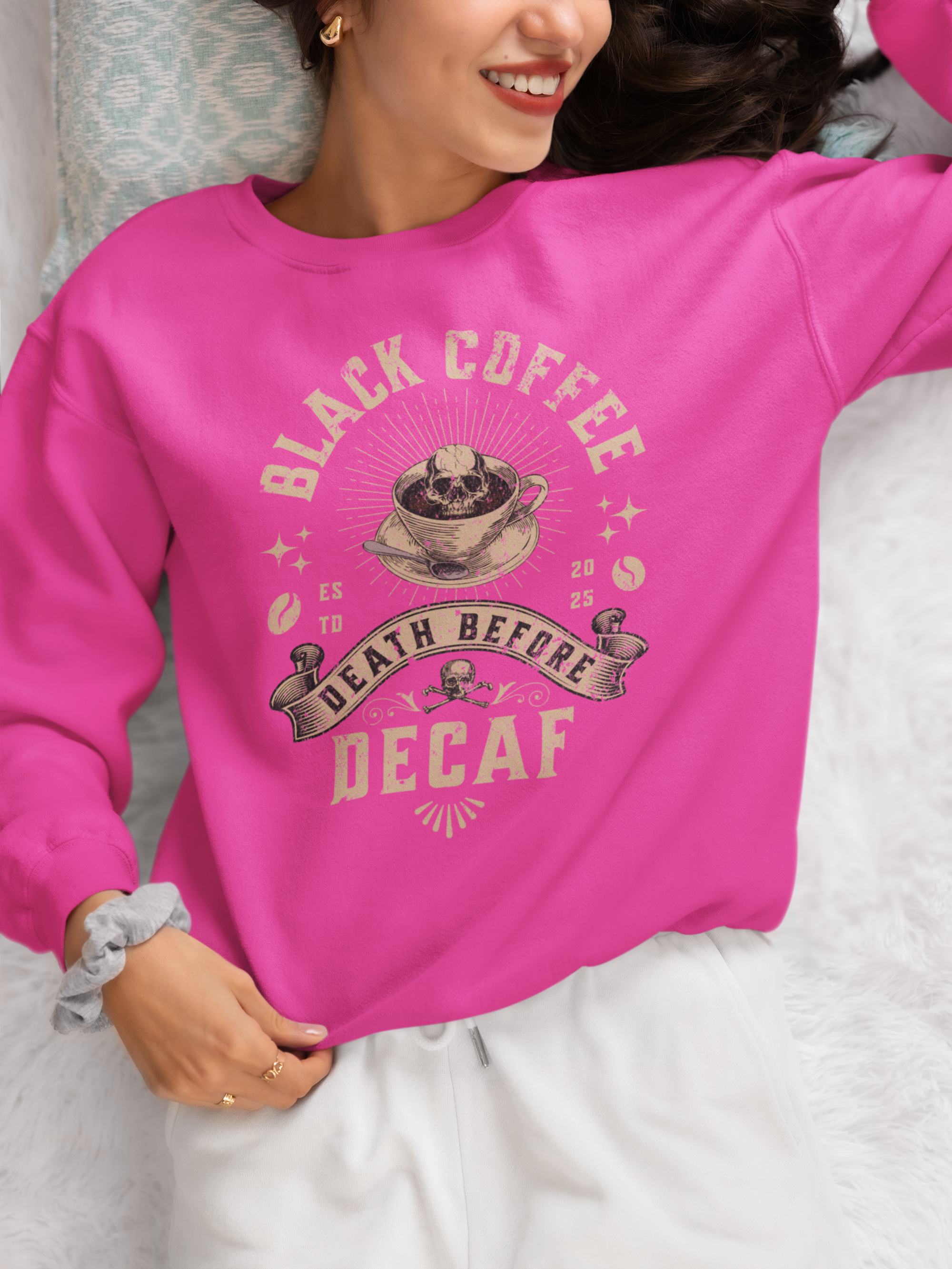 Decaf Black Coffee Crewneck Sweatshirt — Vintage Coffee Lover Pullover