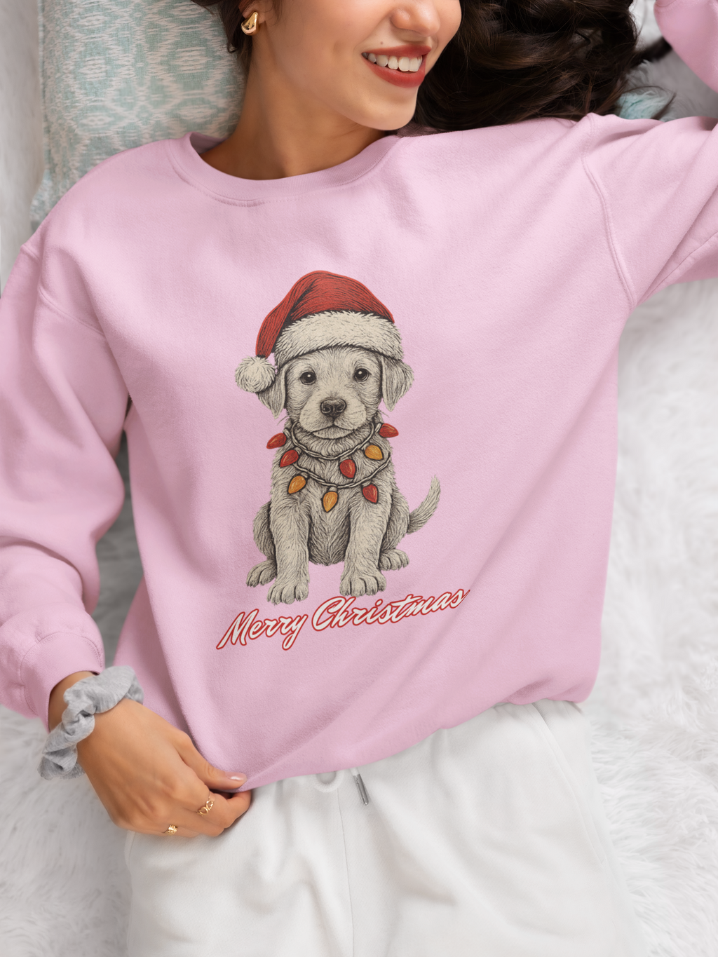 Christmas Puppy Sweatshirt – 'Merry Christmas' Labrador in Santa Hat Crewneck
