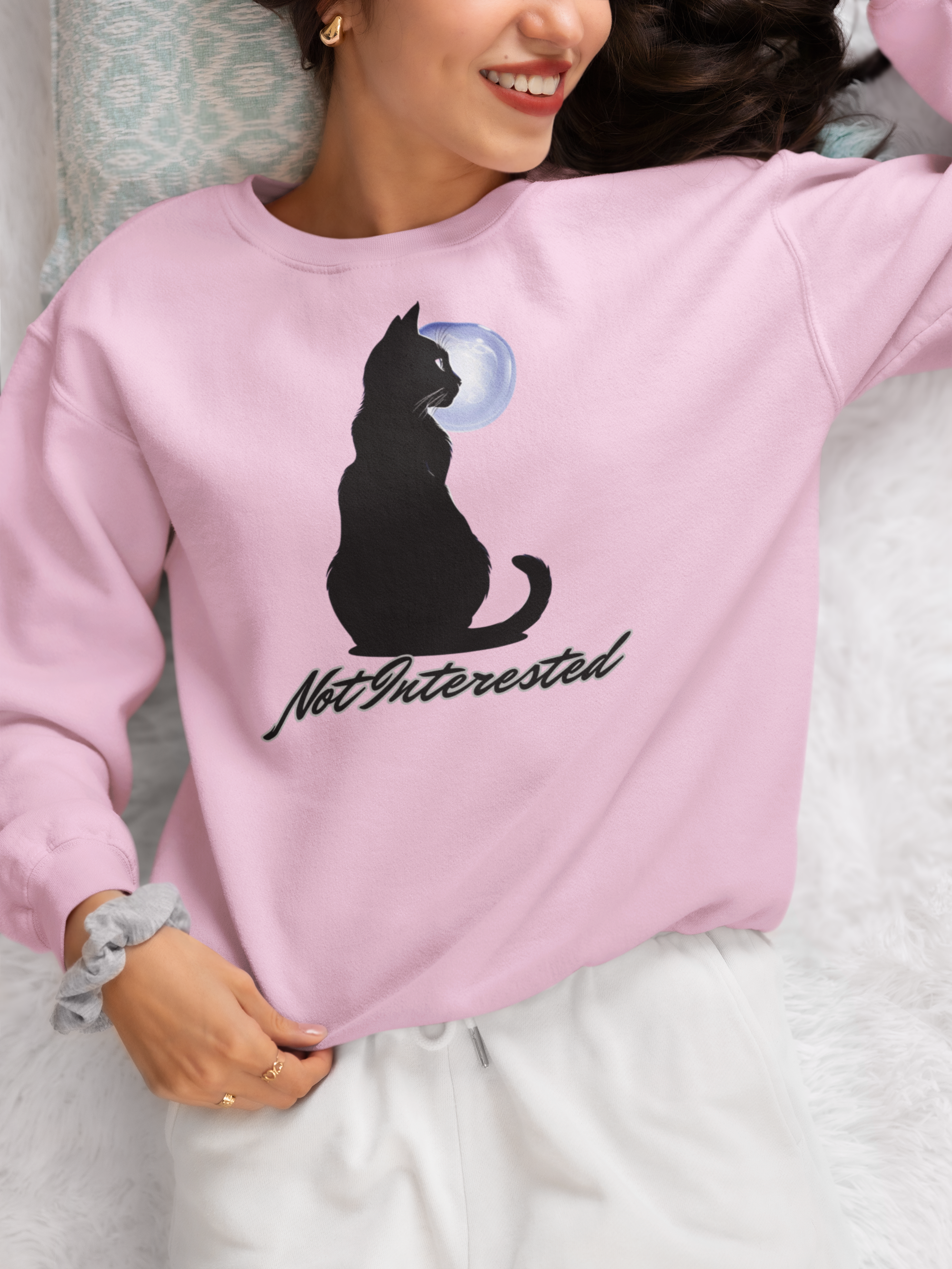 Cat Silhouette Moon Crewneck Sweatshirt – "Not Interested" Graphic