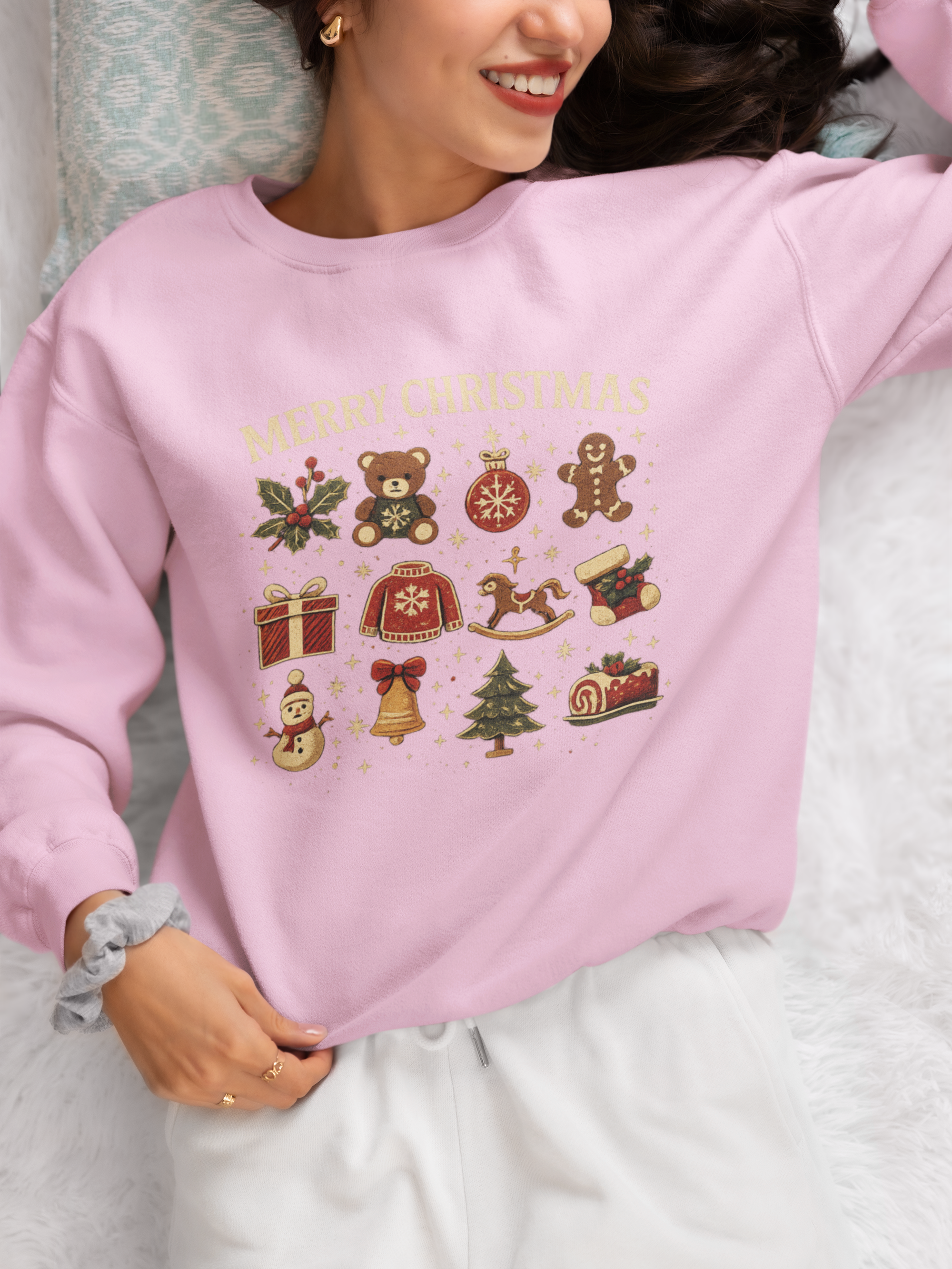 Christmas Icons Crewneck Sweatshirt — "Merry Christmas" Holiday Graphic