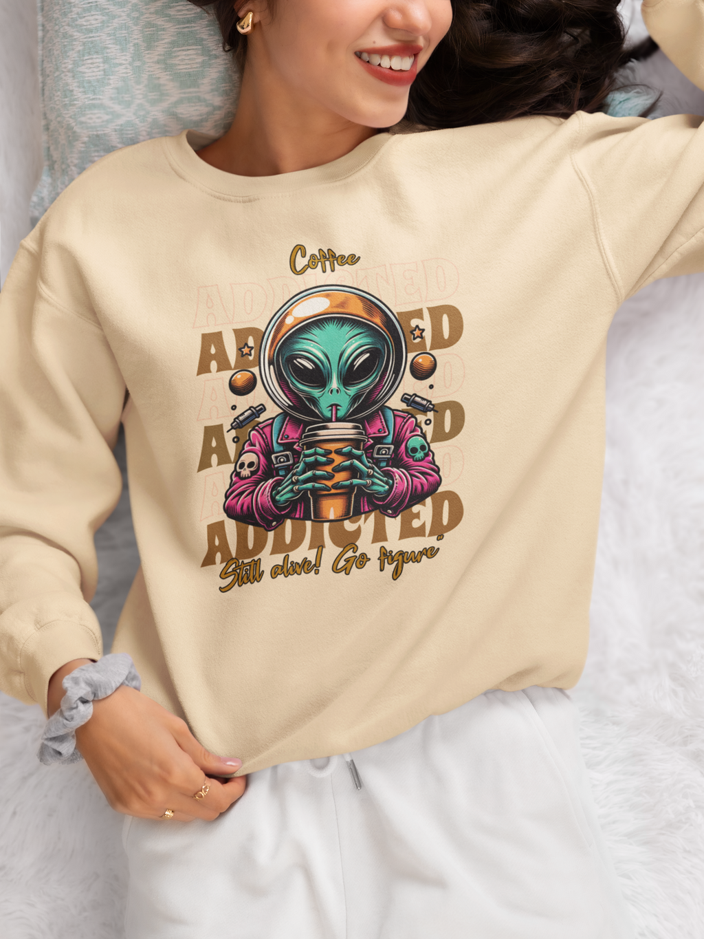 Coffee Addicted Alien Crewneck Sweatshirt – Graphic Space Coffee Lover Pullover
