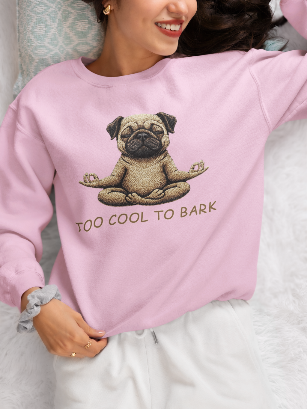 Pug Yoga Sweatshirt – "Too Cool to Bark" Cozy Crewneck