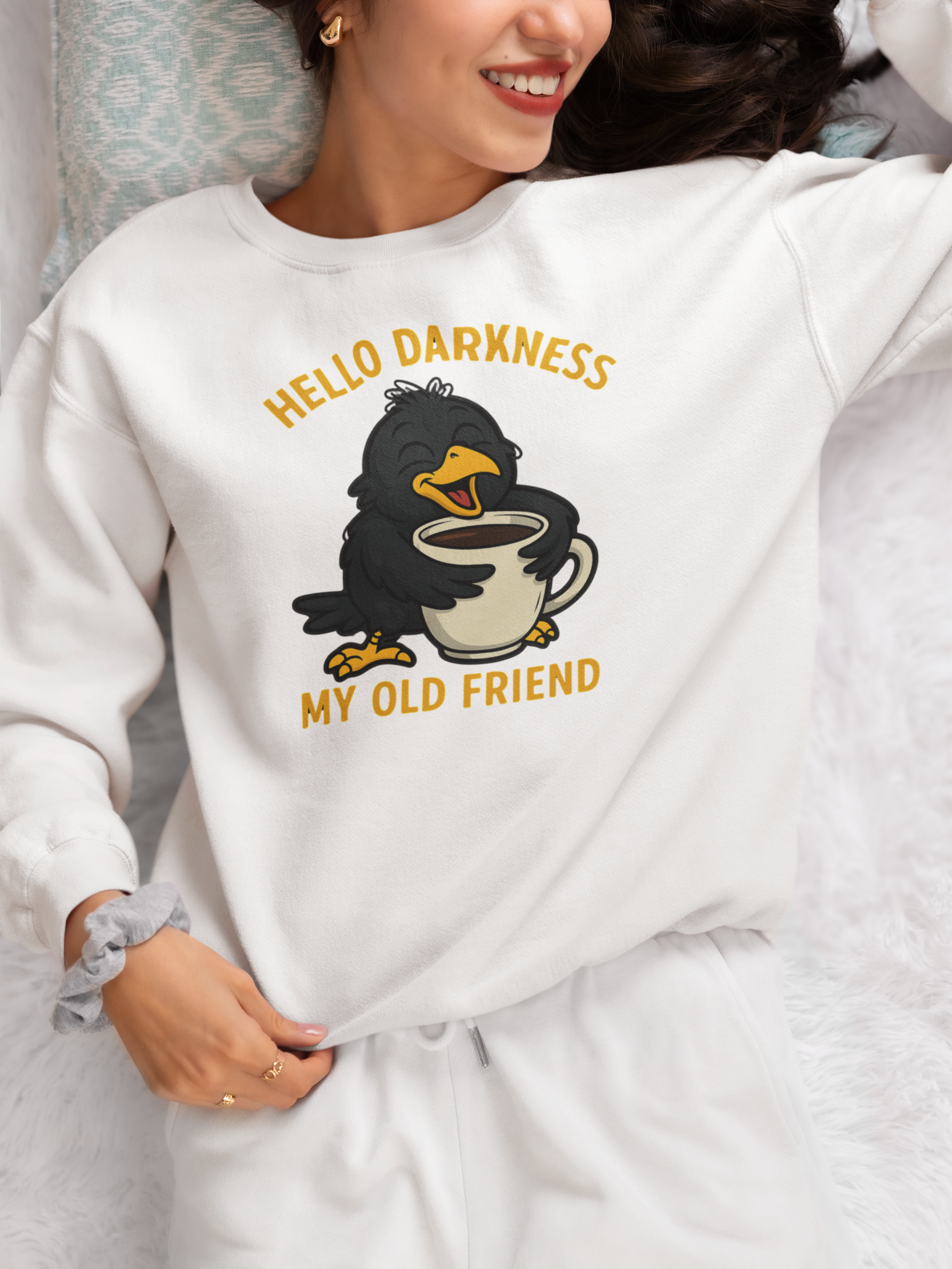 Coffee Crow Sweatshirt — "Hello Darkness My Old Friend" Cozy Pullover
