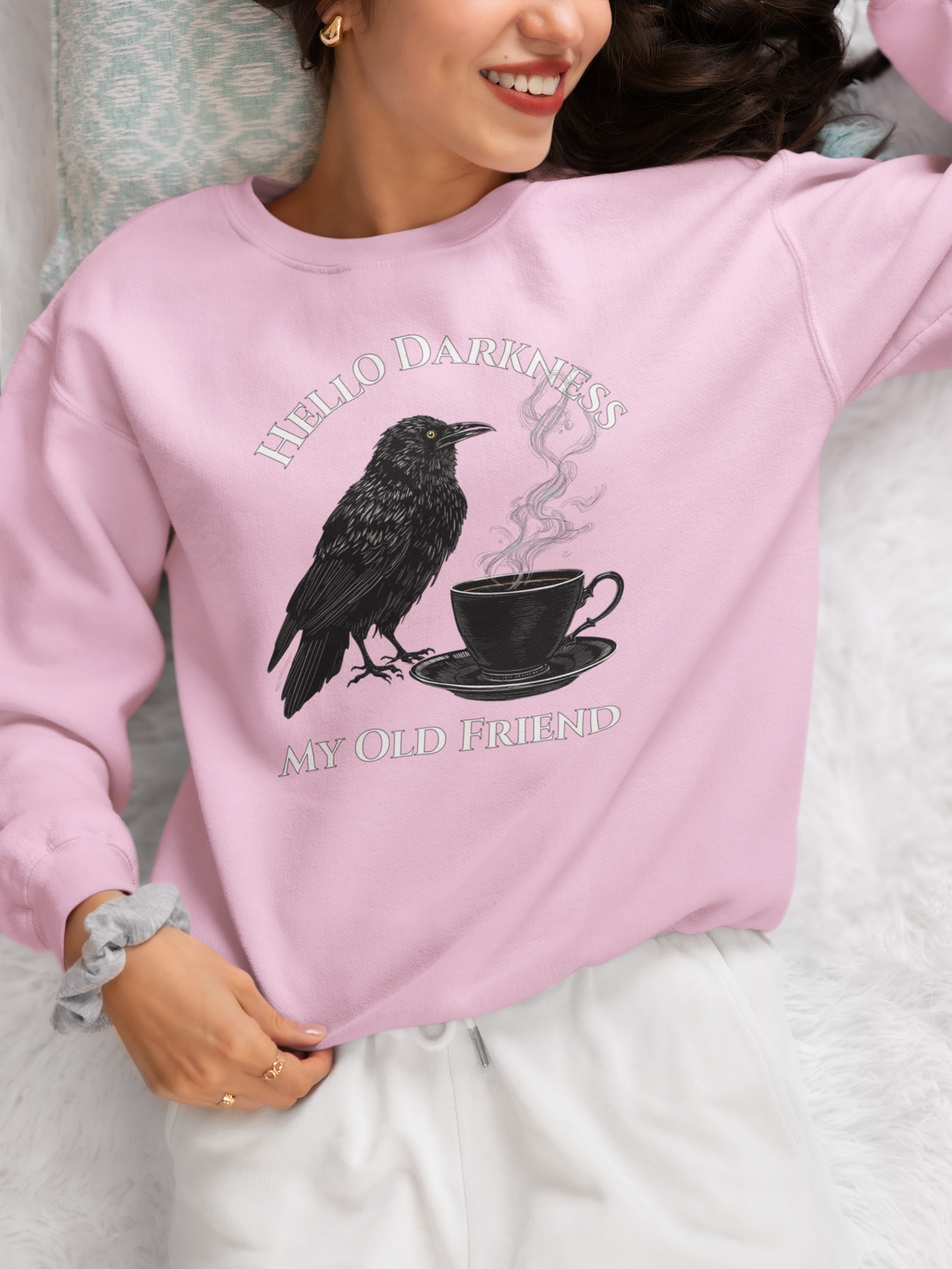 Raven Coffee Crewneck Sweatshirt — "Hello Darkness My Old Friend" Vintage Gothic Tee
