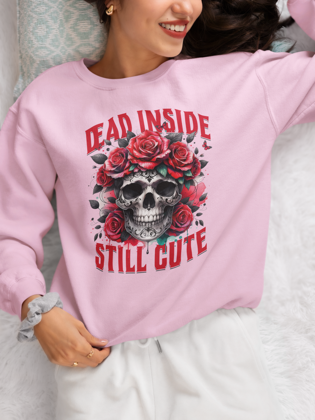 Dead Inside Still Cute Sweatshirt – Gothic Skull Rose Sweater, Dark Feminine Aesthetic Clothing, Alternative Cute Goth Pullover, Funny Goth Gift
