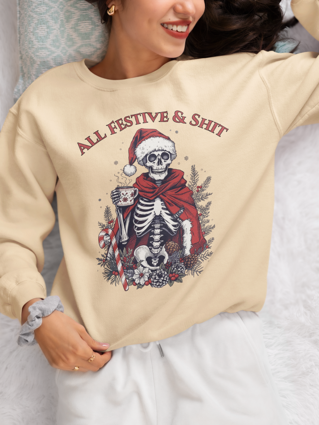 Sweatshirt — "All Festive & Shit" Skeleton Santa Holiday Crewneck