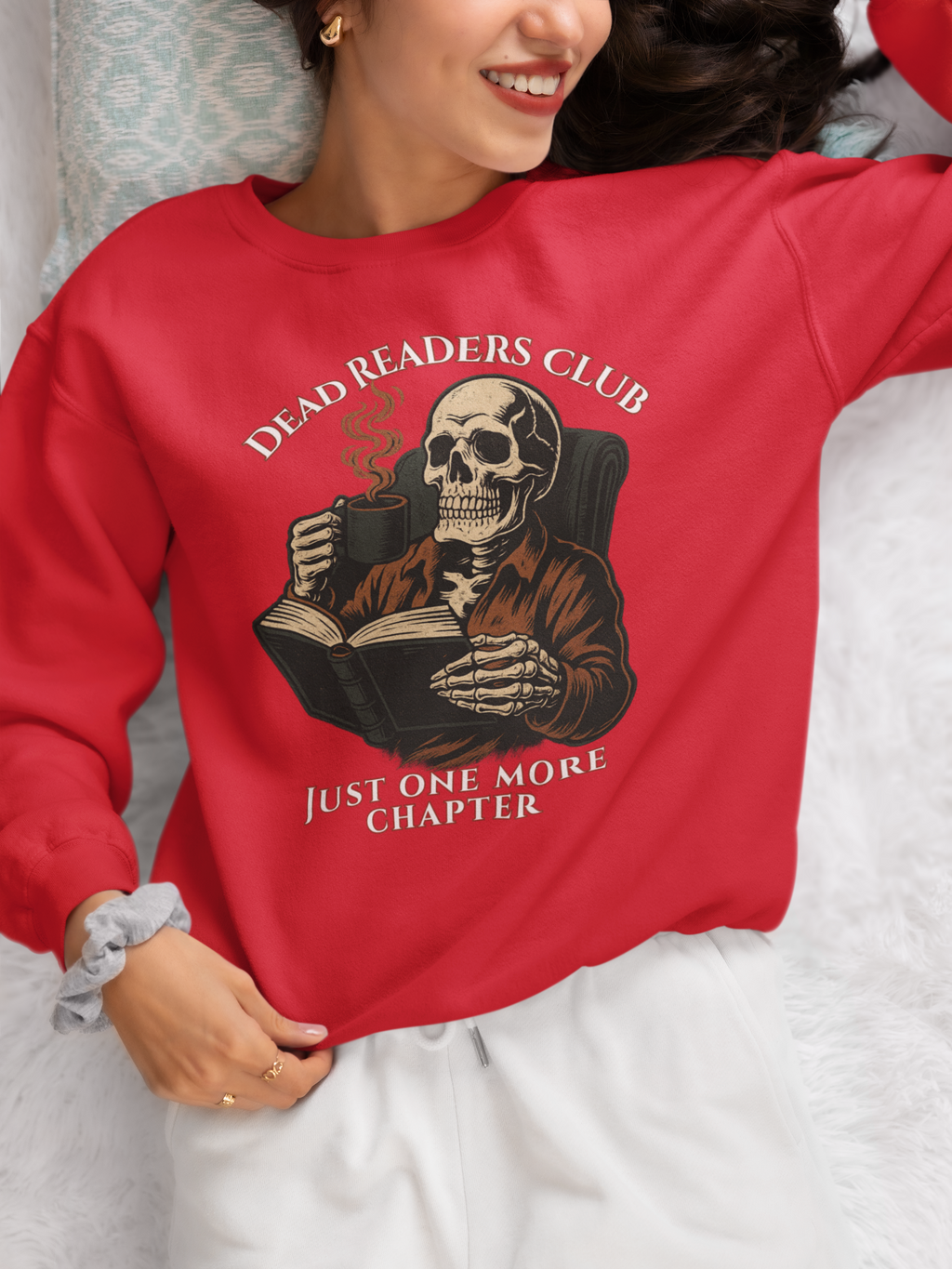 Crewneck Sweatshirt — "Dead Readers Club: Just One More Chapter" Skull Book Lover Graphic