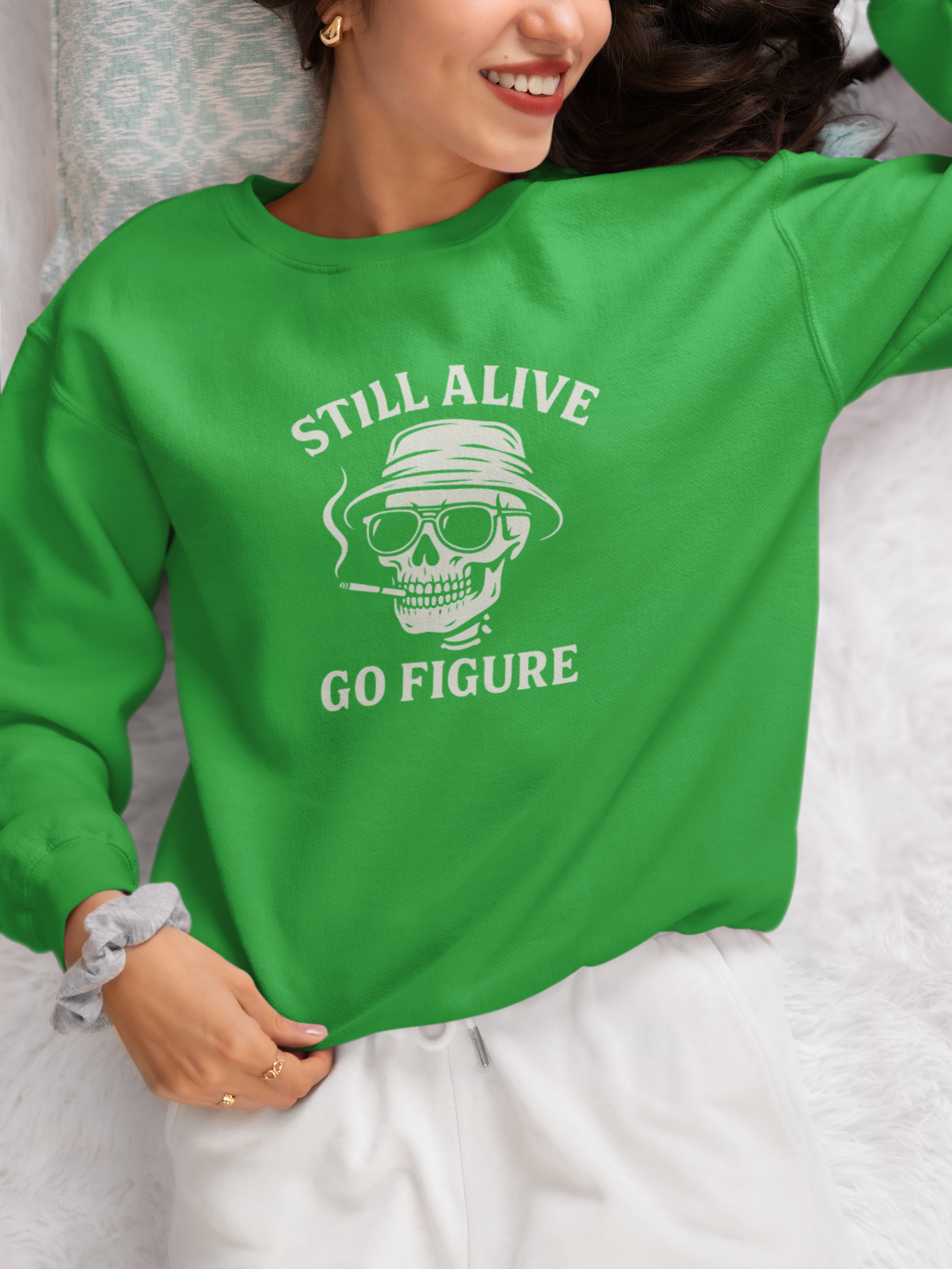 Crewneck Sweatshirt — "Still Alive Go Figure" Skull Vintage Graphic