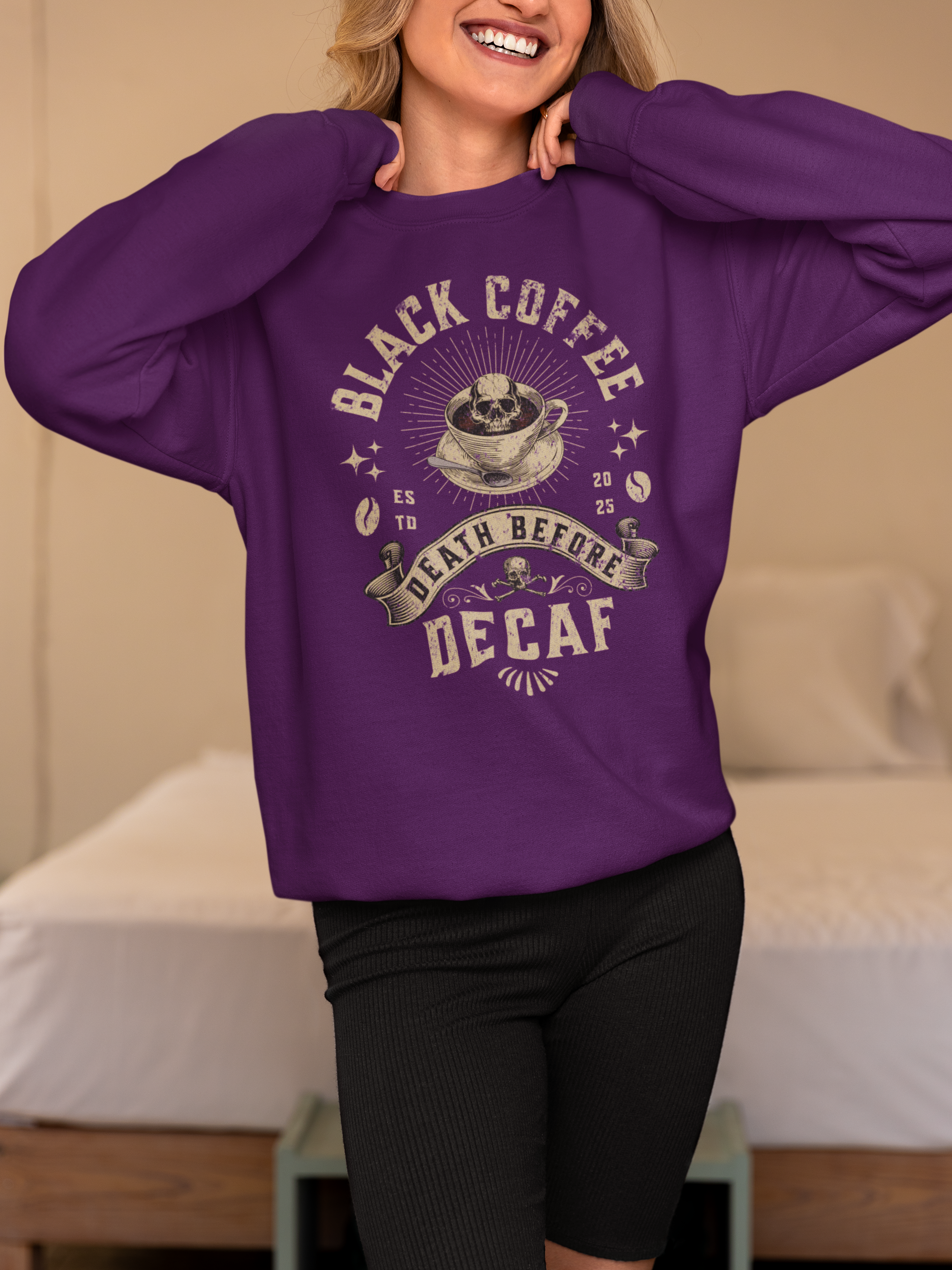 Decaf Black Coffee Crewneck Sweatshirt — Vintage Coffee Lover Pullover