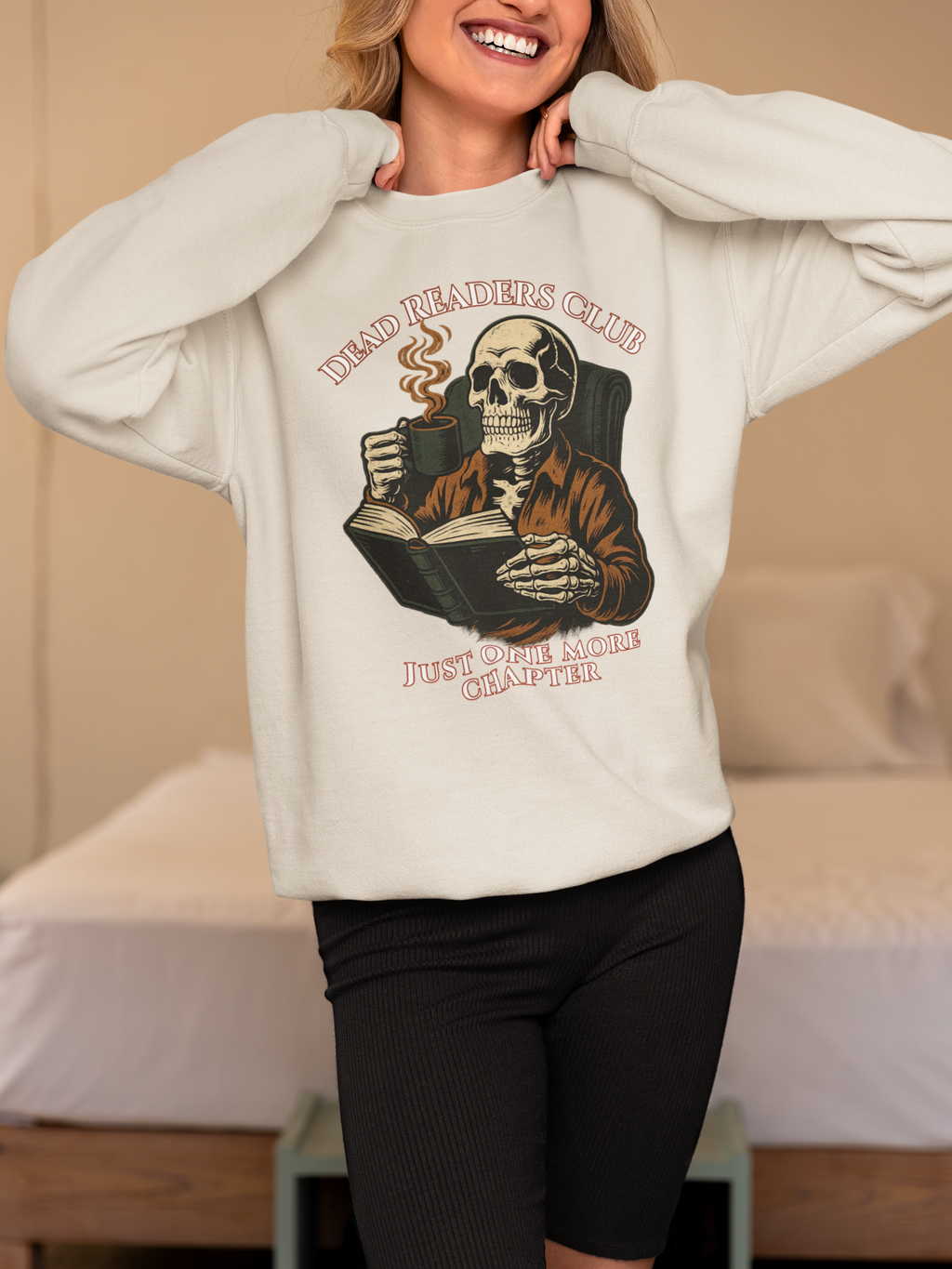 Crewneck Sweatshirt — "Dead Readers Club: Just One More Chapter" Skull Book Lover Graphic