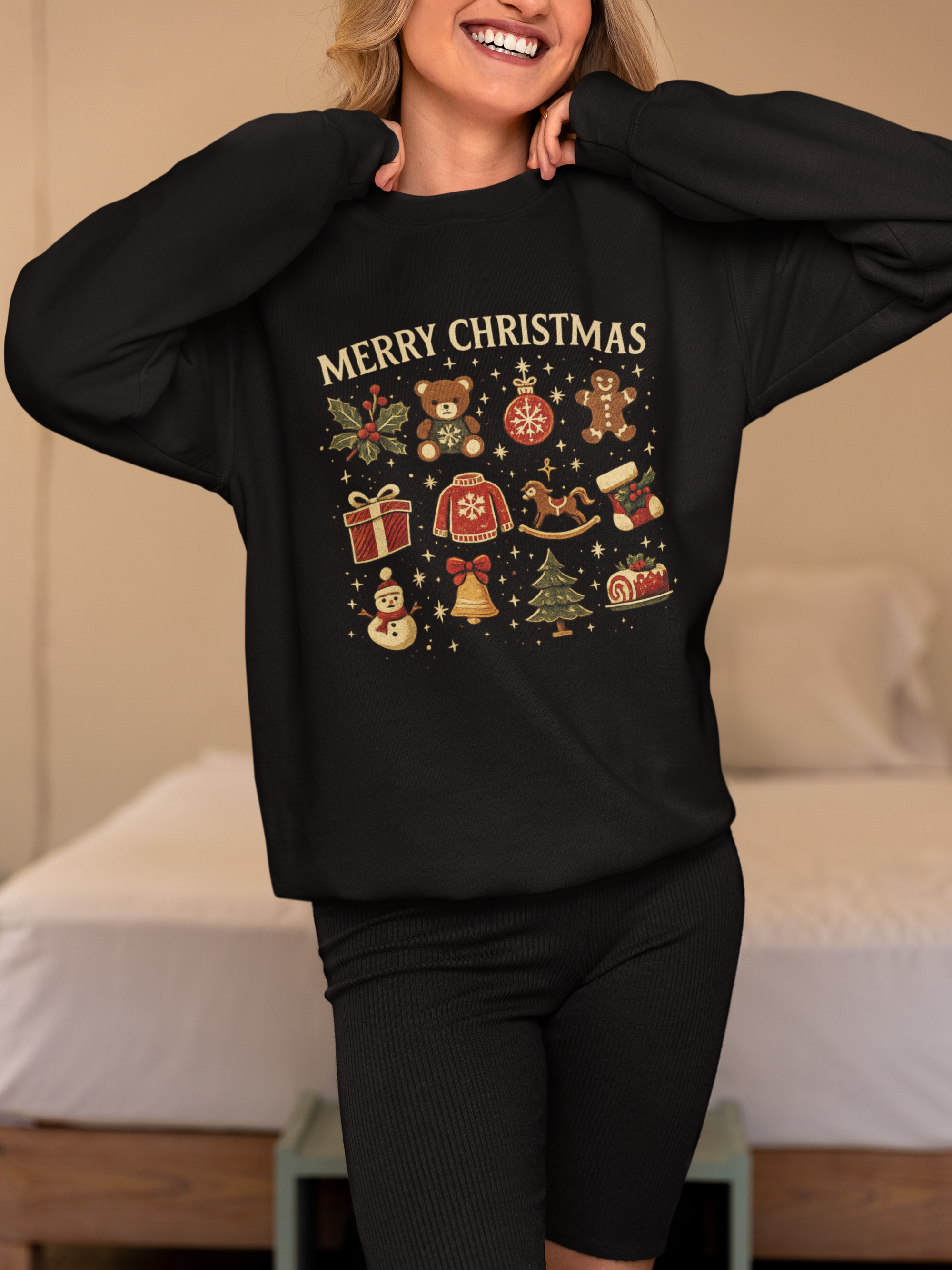 Christmas Icons Crewneck Sweatshirt — "Merry Christmas" Holiday Graphic