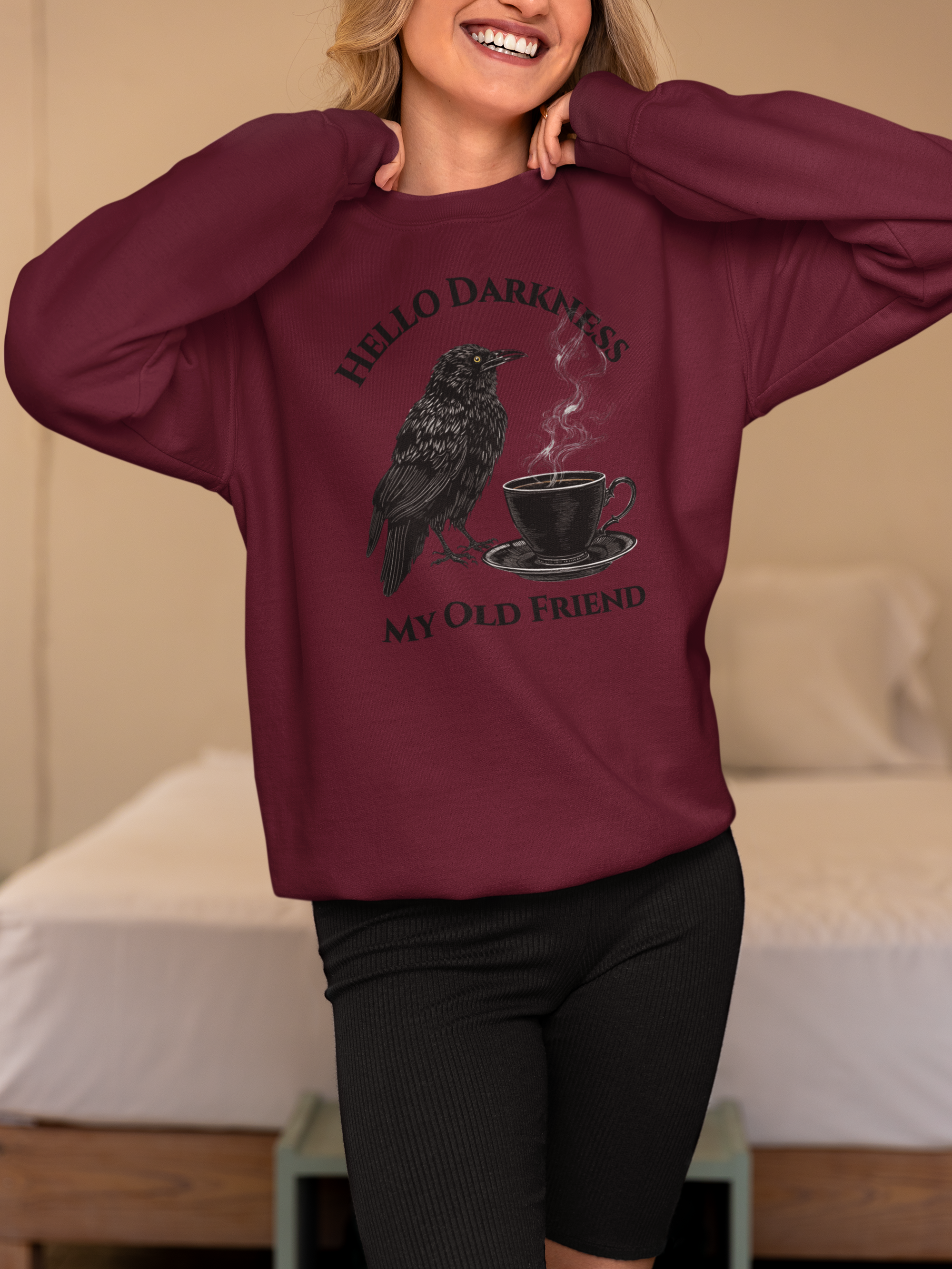 Sweatshirt — "Hello Darkness My Old Friend" Raven Coffee Crewneck