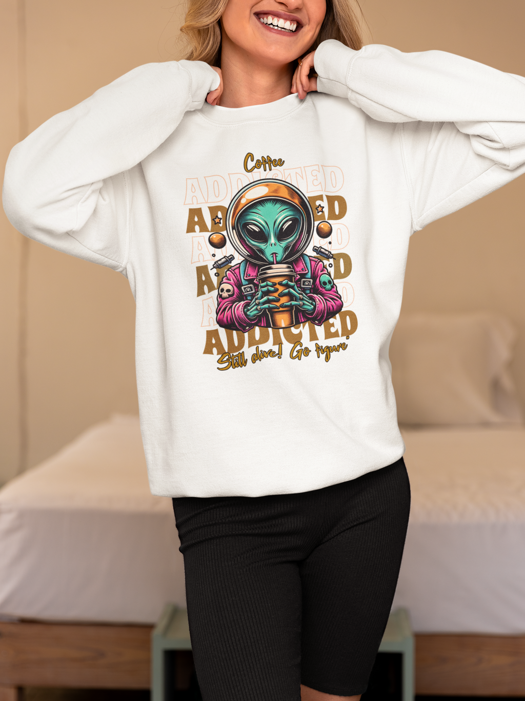 Coffee Addicted Alien Crewneck Sweatshirt – Graphic Space Coffee Lover Pullover