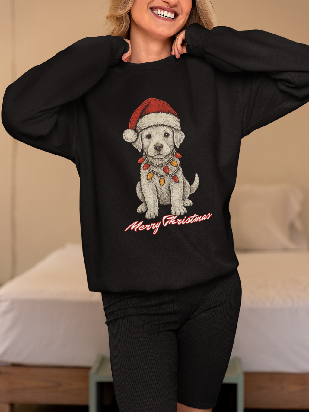 Christmas Puppy Sweatshirt – 'Merry Christmas' Labrador in Santa Hat Crewneck