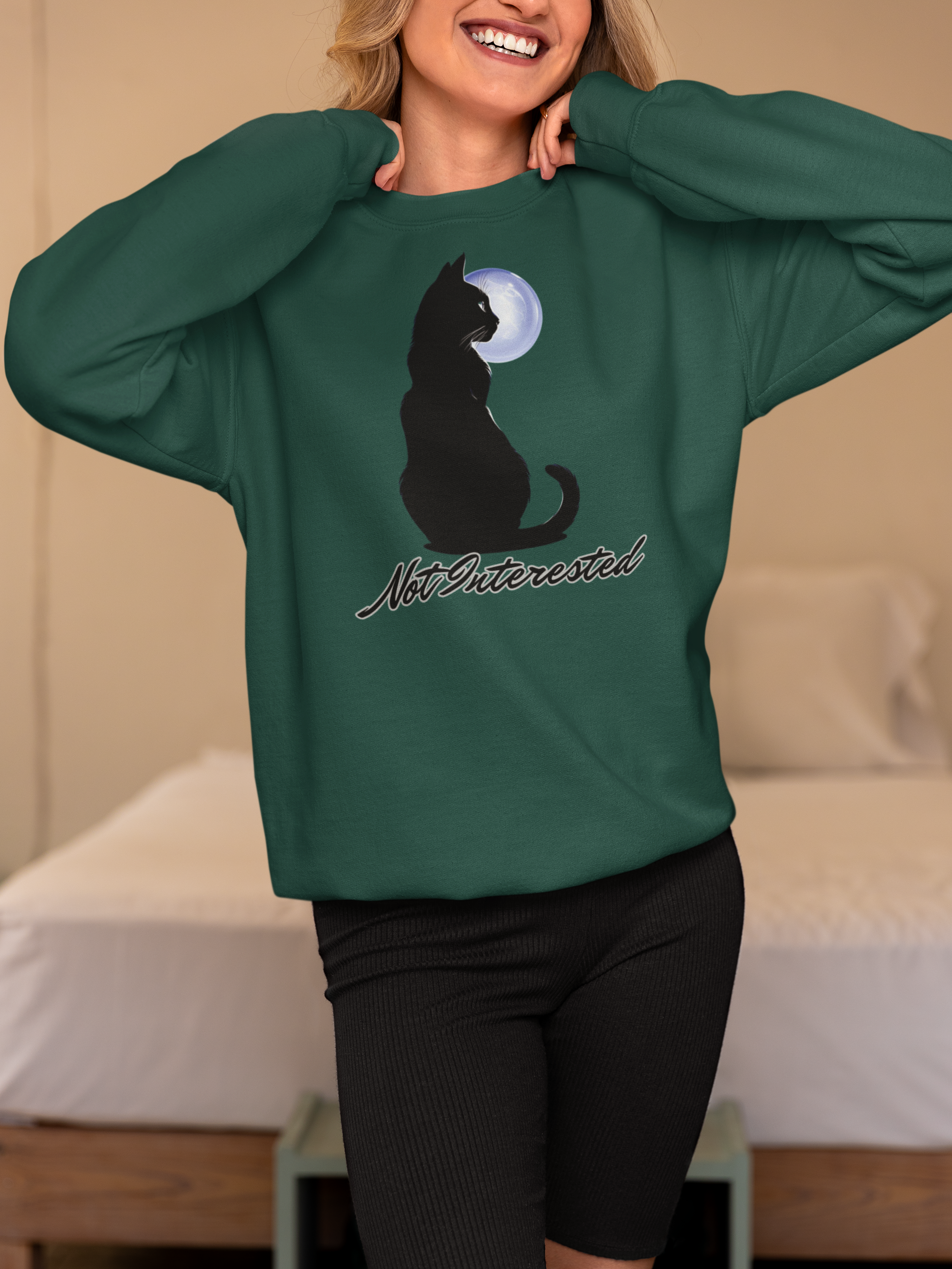 Cat Silhouette Moon Crewneck Sweatshirt – "Not Interested" Graphic