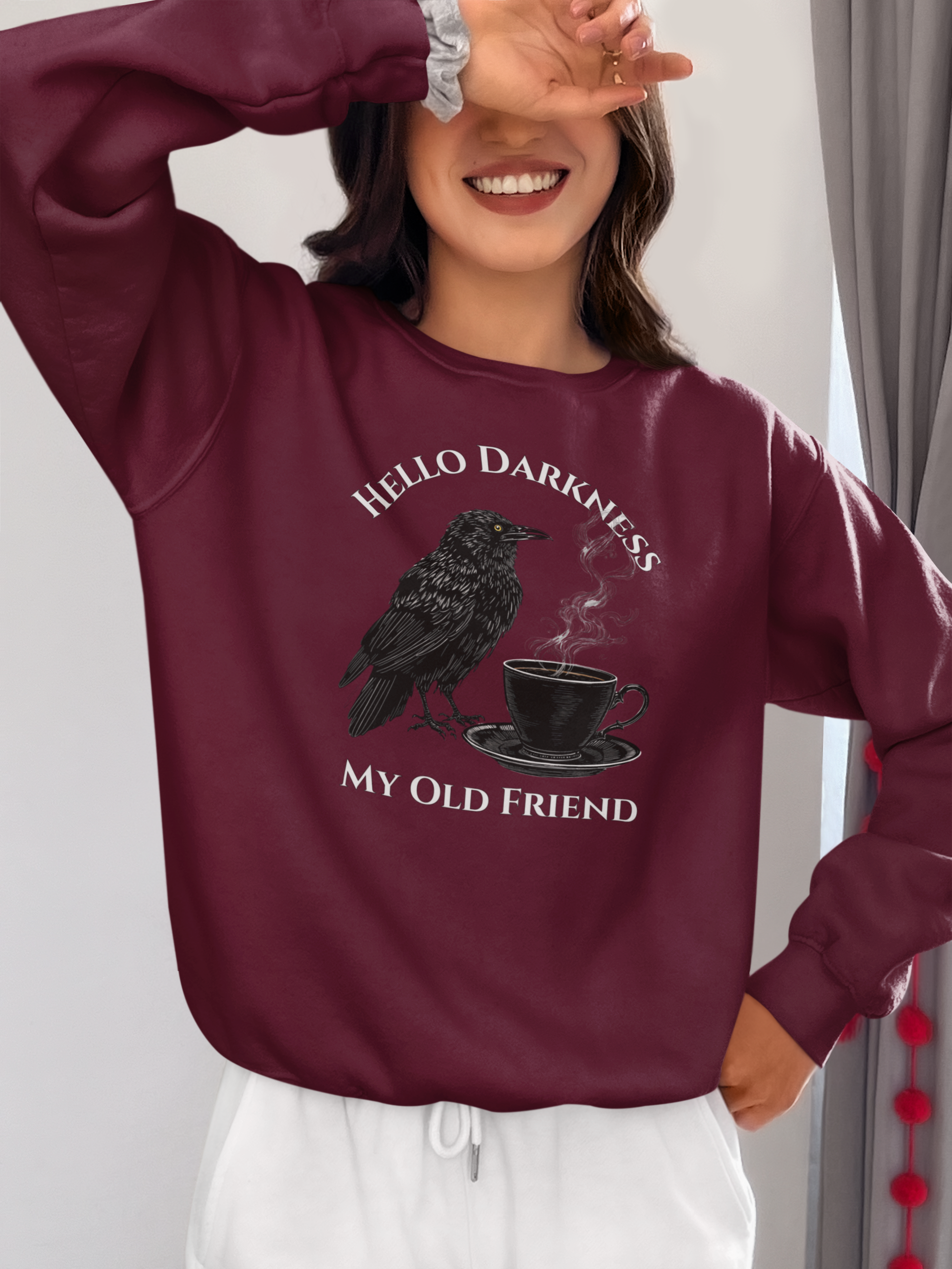 Raven Coffee Crewneck Sweatshirt — "Hello Darkness My Old Friend" Vintage Gothic Tee