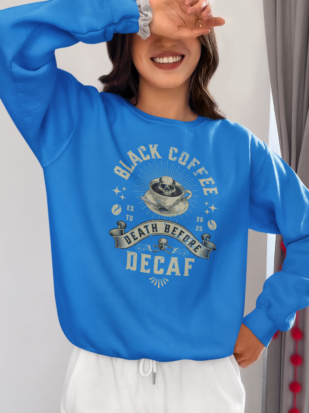 Decaf Black Coffee Crewneck Sweatshirt — Vintage Coffee Lover Pullover