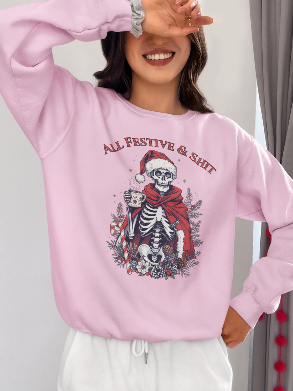 Sweatshirt — "All Festive & Shit" Skeleton Santa Holiday Crewneck