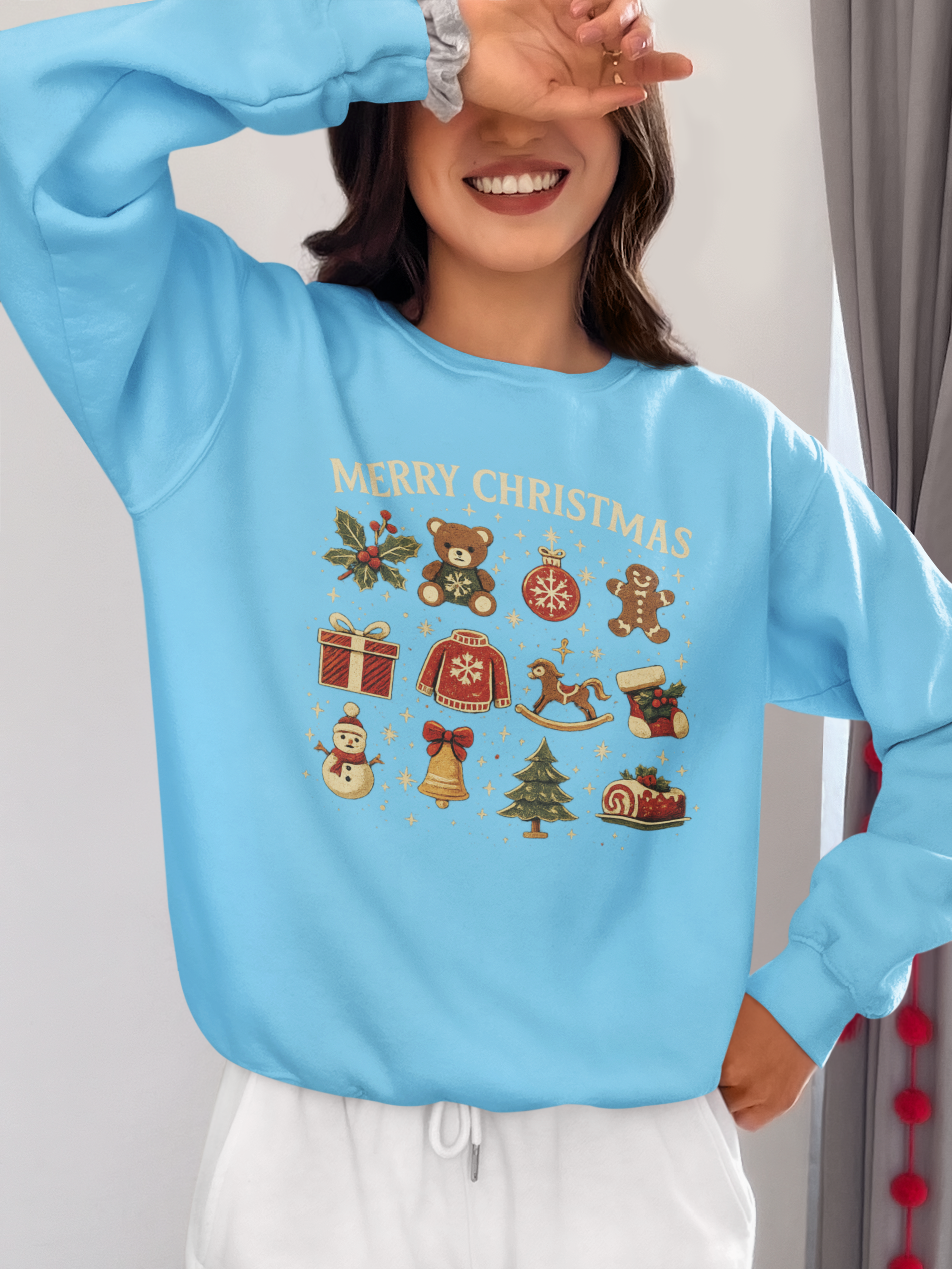 Christmas Icons Crewneck Sweatshirt — "Merry Christmas" Holiday Graphic