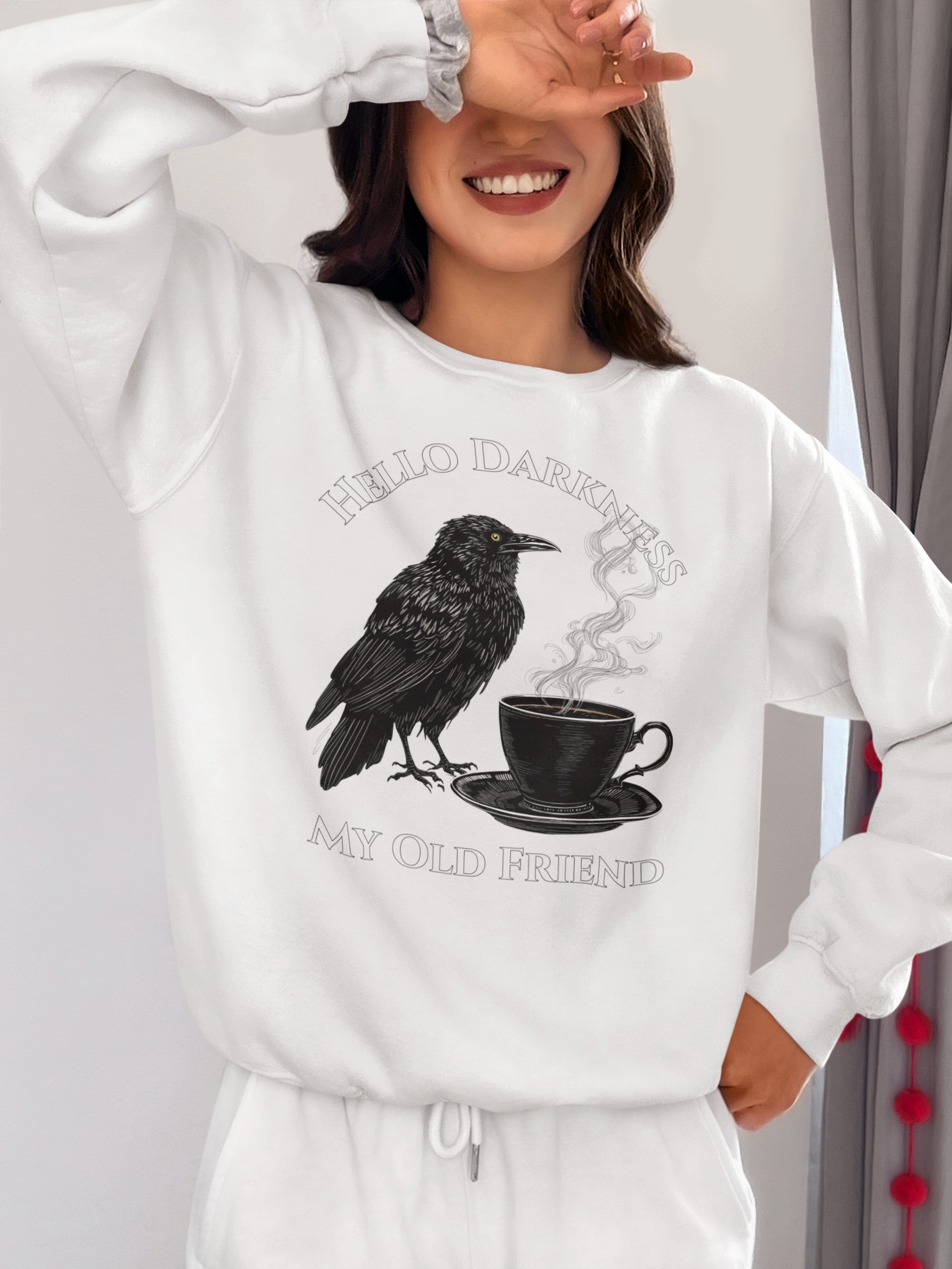 Raven Coffee Crewneck Sweatshirt — "Hello Darkness My Old Friend" Vintage Gothic Tee