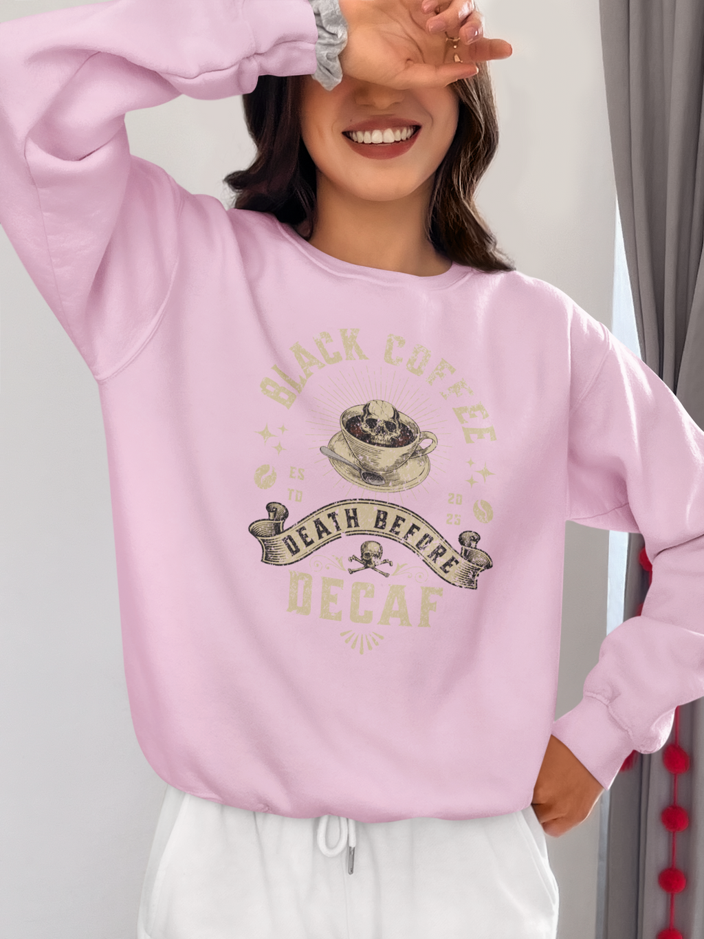 Decaf Black Coffee Crewneck Sweatshirt — Vintage Coffee Lover Pullover
