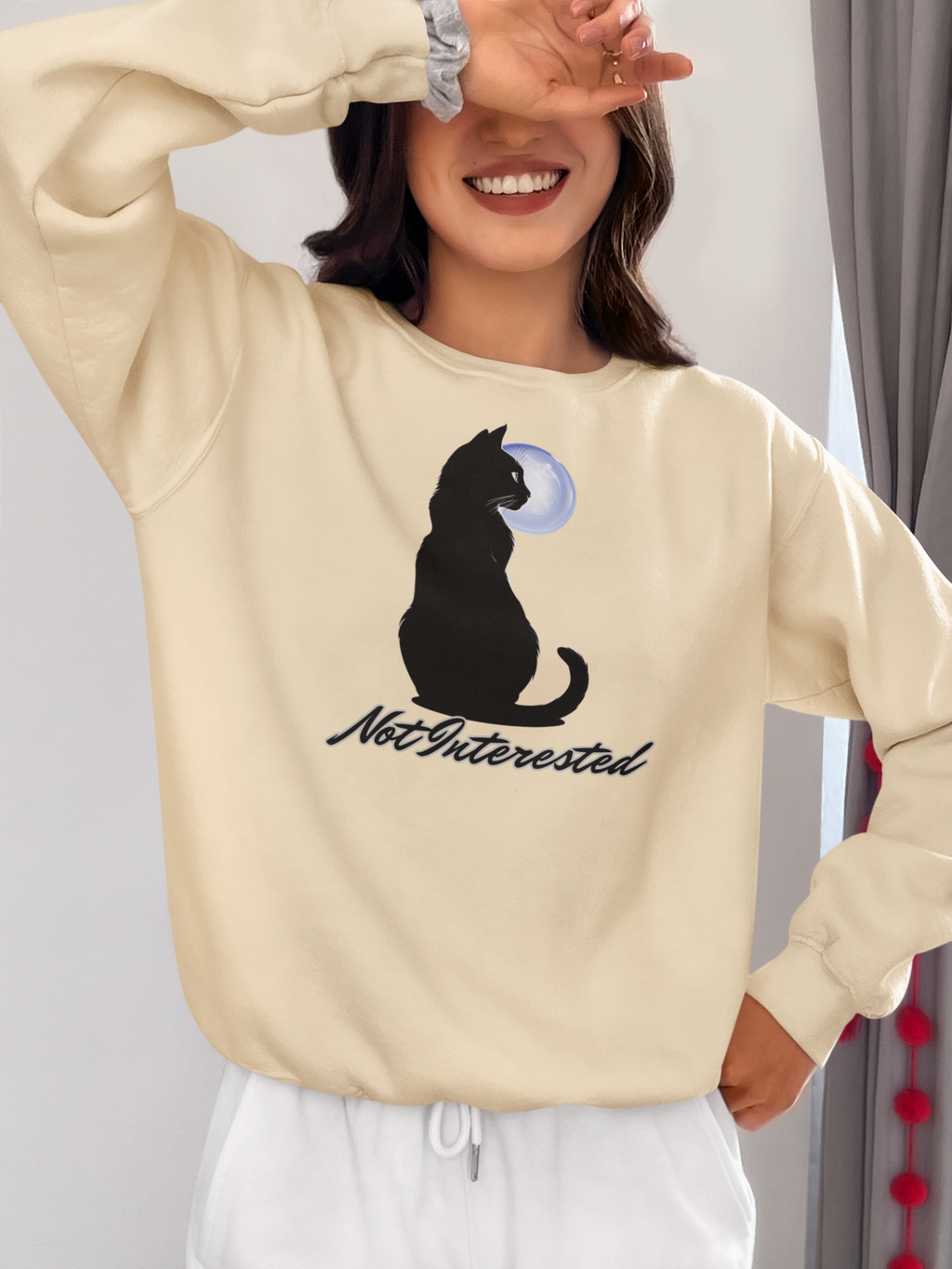 Cat Silhouette Moon Crewneck Sweatshirt – "Not Interested" Graphic