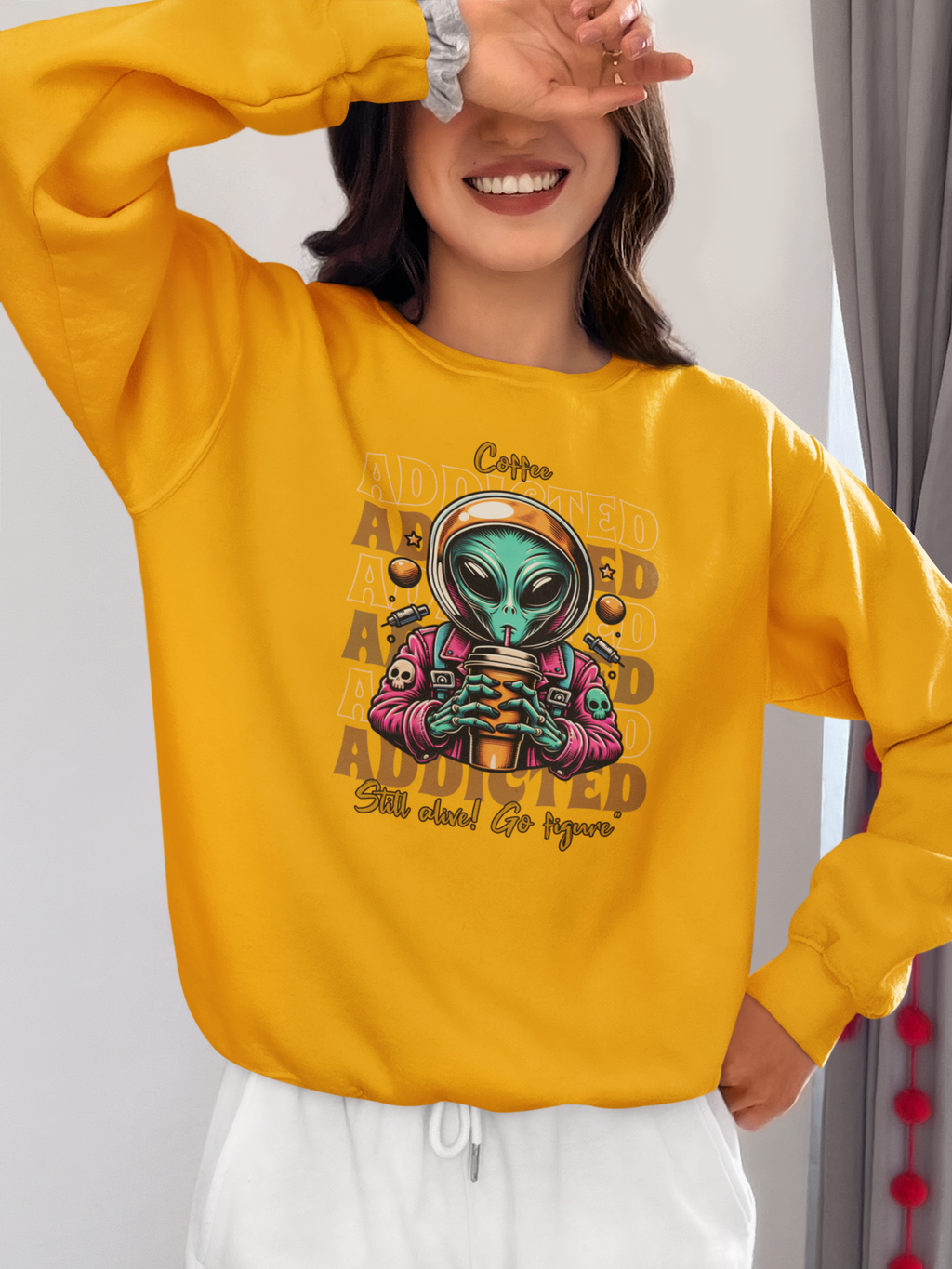 Coffee Addicted Alien Crewneck Sweatshirt – Graphic Space Coffee Lover Pullover